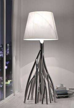 Lampadaire Sculpture Miroir Abat-jour en Acier et Lin Blanc Design de Collection Italie