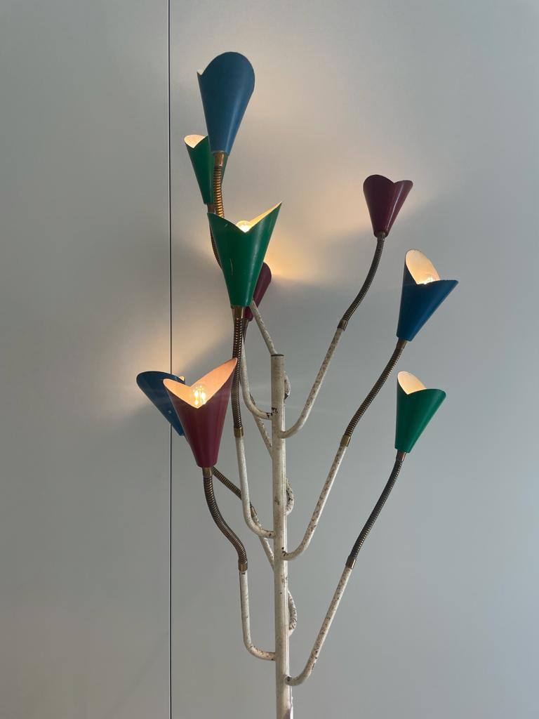 Mid-Century Modern Floor Lamp Stilnovo Lacquered Metal Stem Aluminum Cones Brass Marble Italy 1950s