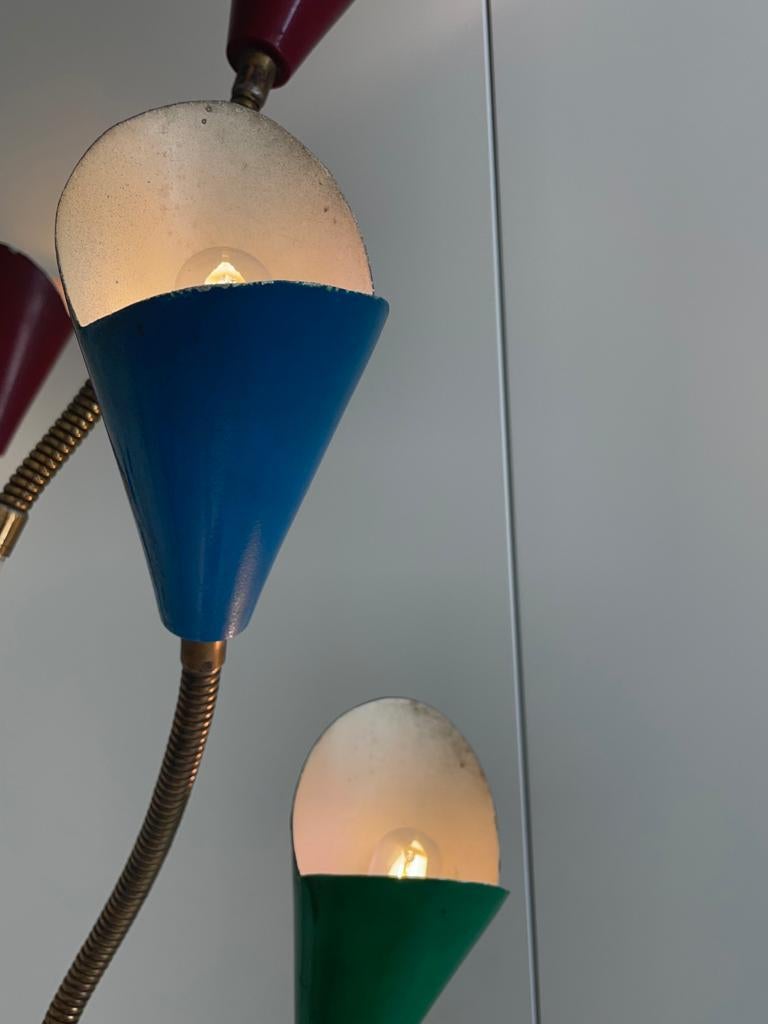 Floor Lamp Stilnovo Lacquered Metal Stem Aluminum Cones Brass Marble Italy 1950s For Sale 1