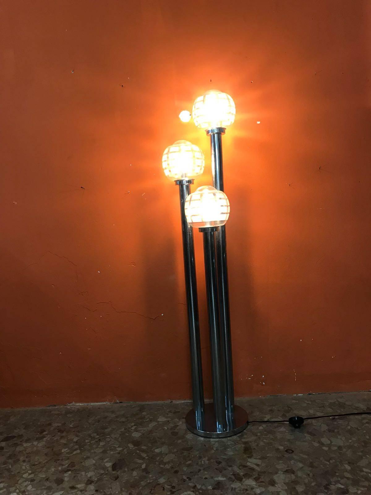 Steel midcenturyFloor Lamp Three Chrome Stems 70 Years For Sale