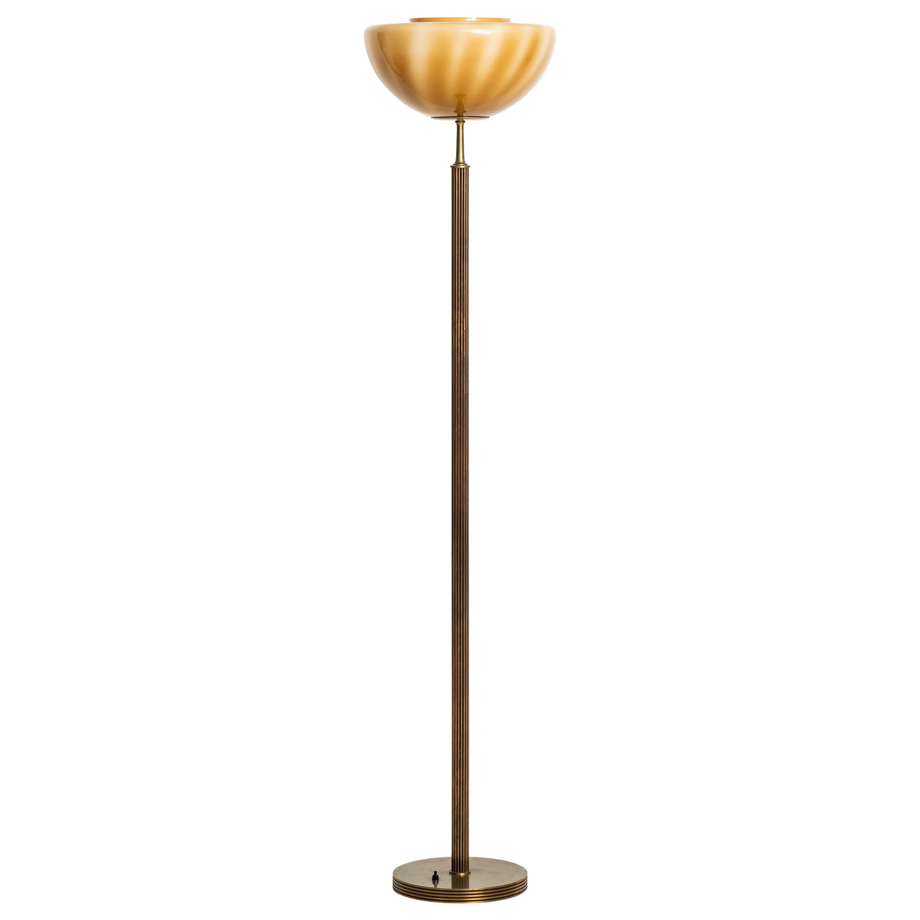 Floor Lamp / Uplight in Brass and Glass Produced in Sweden