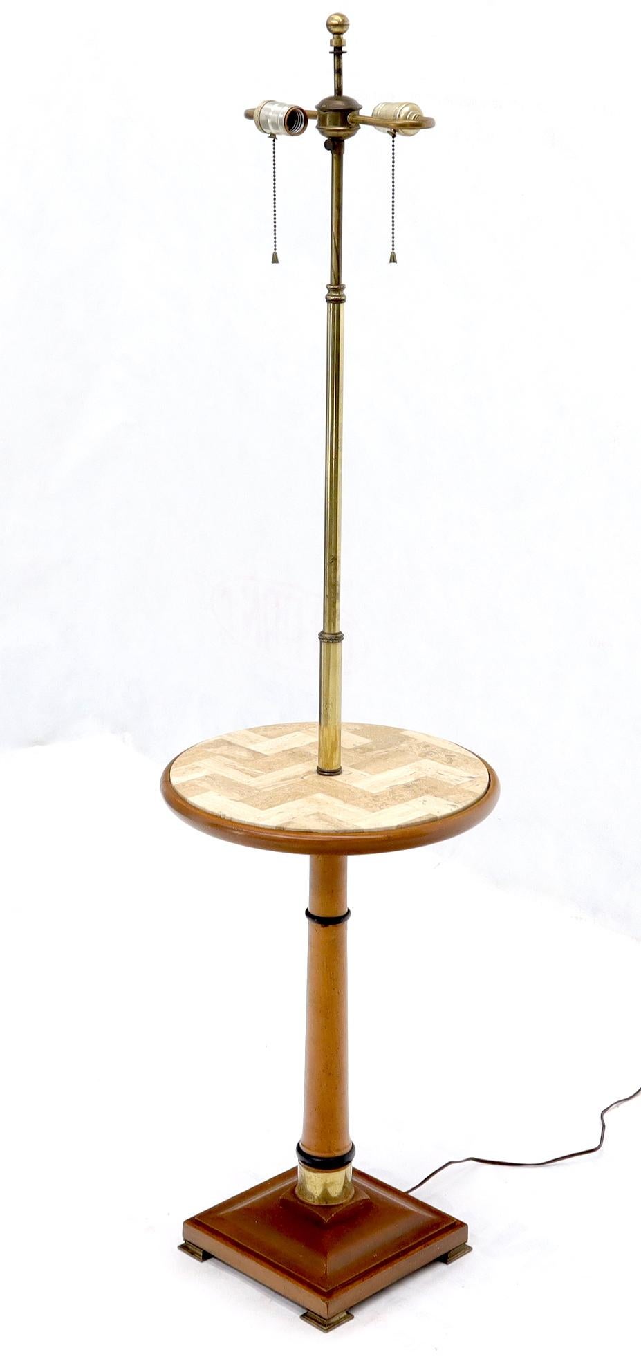 Mid-Century Modern round tessellated tile marble top end occasional table stand floor lamp on square base with bracket feet.