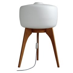 Vintage Floor Lamp, White Glass Lampshade, Wooden Base, Space Age, 1960s, Midcentury