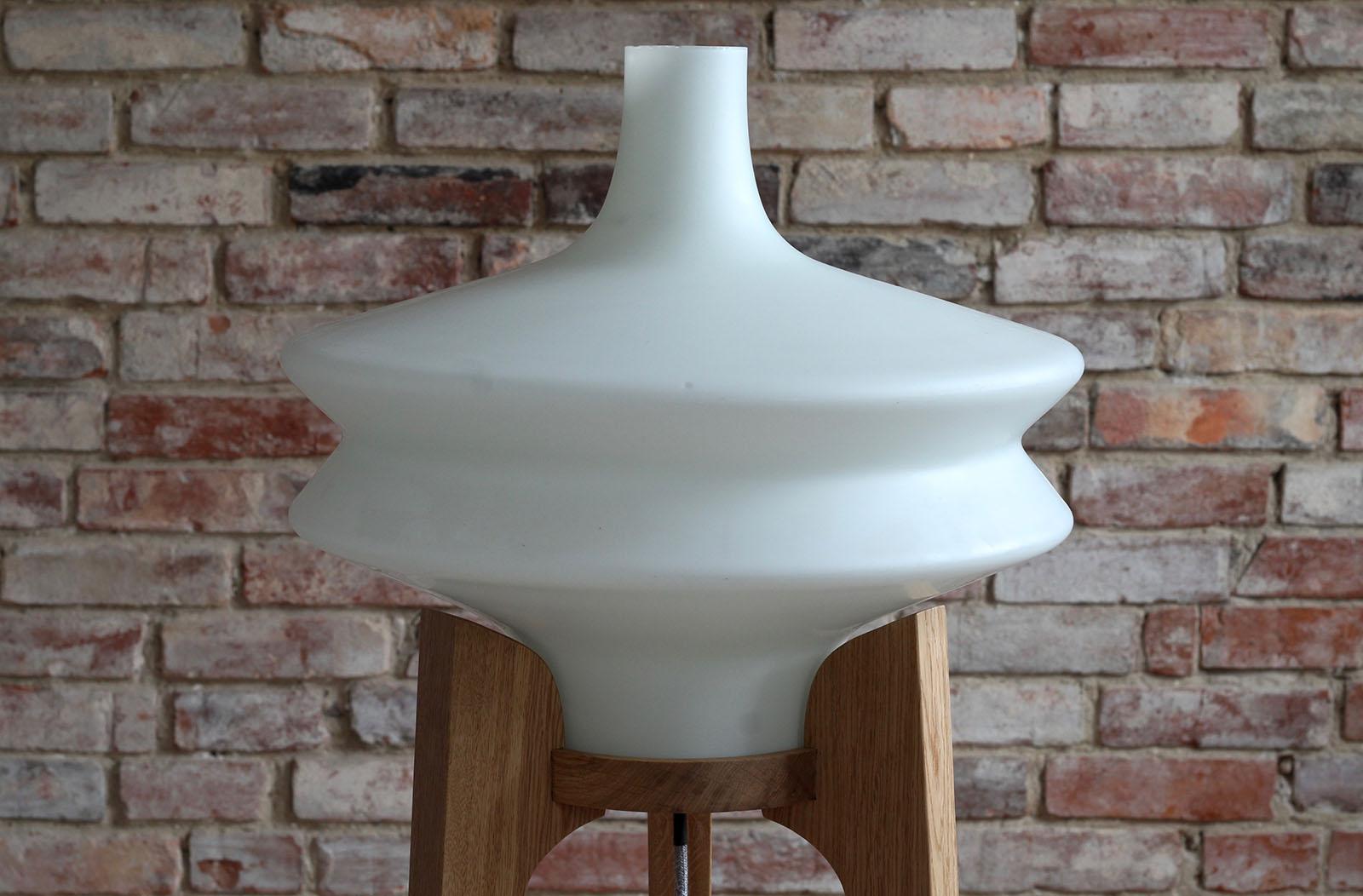 Mid-Century Modern Floor Lamp, White Glass Lampshade, Wooden Base, Space Age, Midcentury, 1960s For Sale