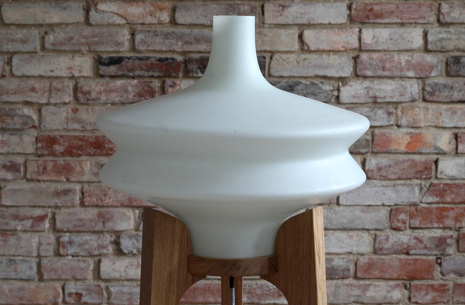 Czech Floor Lamp, White Glass Lampshade, Wooden Base, Space Age, Midcentury, 1960s For Sale