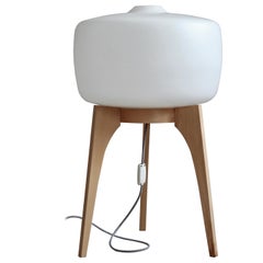 Vintage Floor Lamp, White Glass Lampshade, Wooden Base, Space Age, Midcentury, 1960s