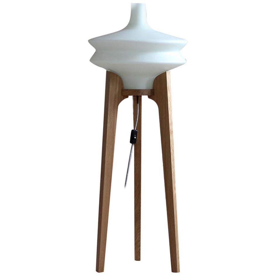 Floor Lamp, White Glass Lampshade, Wooden Base, Space Age, Midcentury, 1960s For Sale