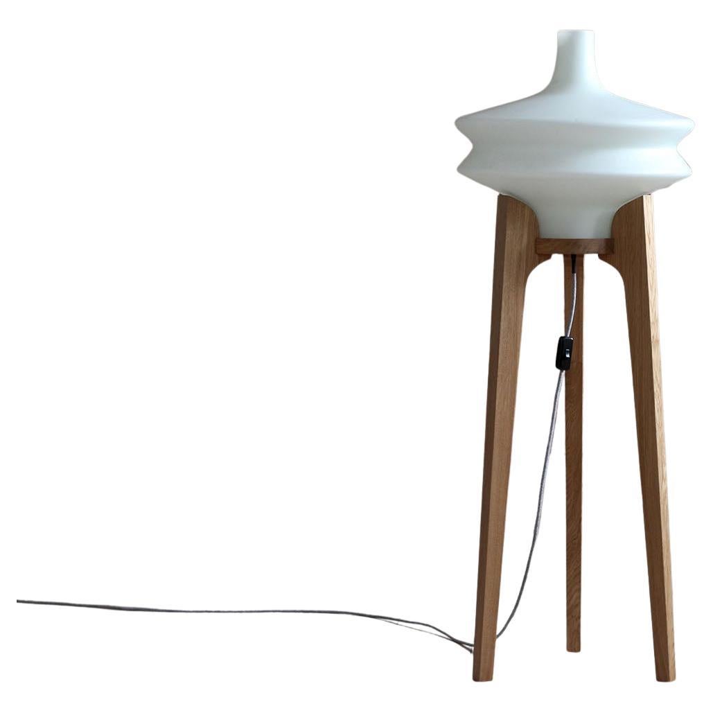 Floor Lamp, White Glass Lampshade, Wooden Base, Space Age, Midcentury, 1960s For Sale