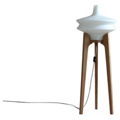 Floor Lamp, White Glass Lampshade, Wooden Base, Space Age, Midcentury, 1960s