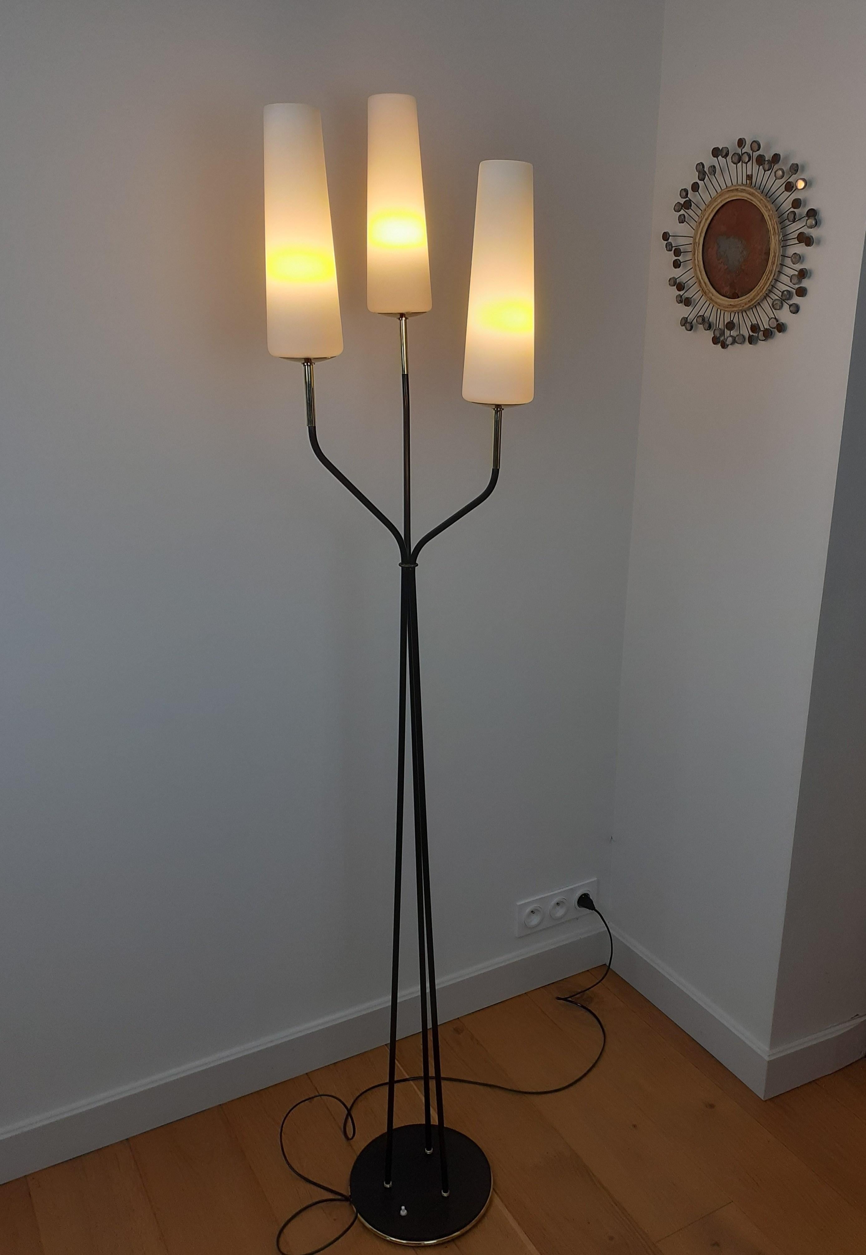 Floor lamp in metal and brass,
composed of a circular base in black lacquered cast iron, set with a brass ring, on which are arranged three arms of light in lacquered metal, finished with shades in white opaline glass.
French work from the Lunel