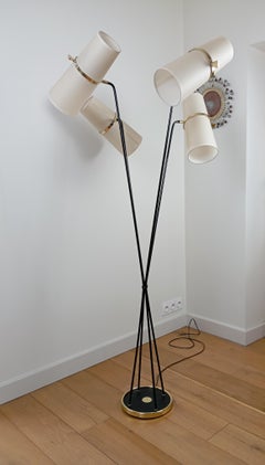 Floor lamp with 4 double shade arms from the 1950s by Maison Lunel