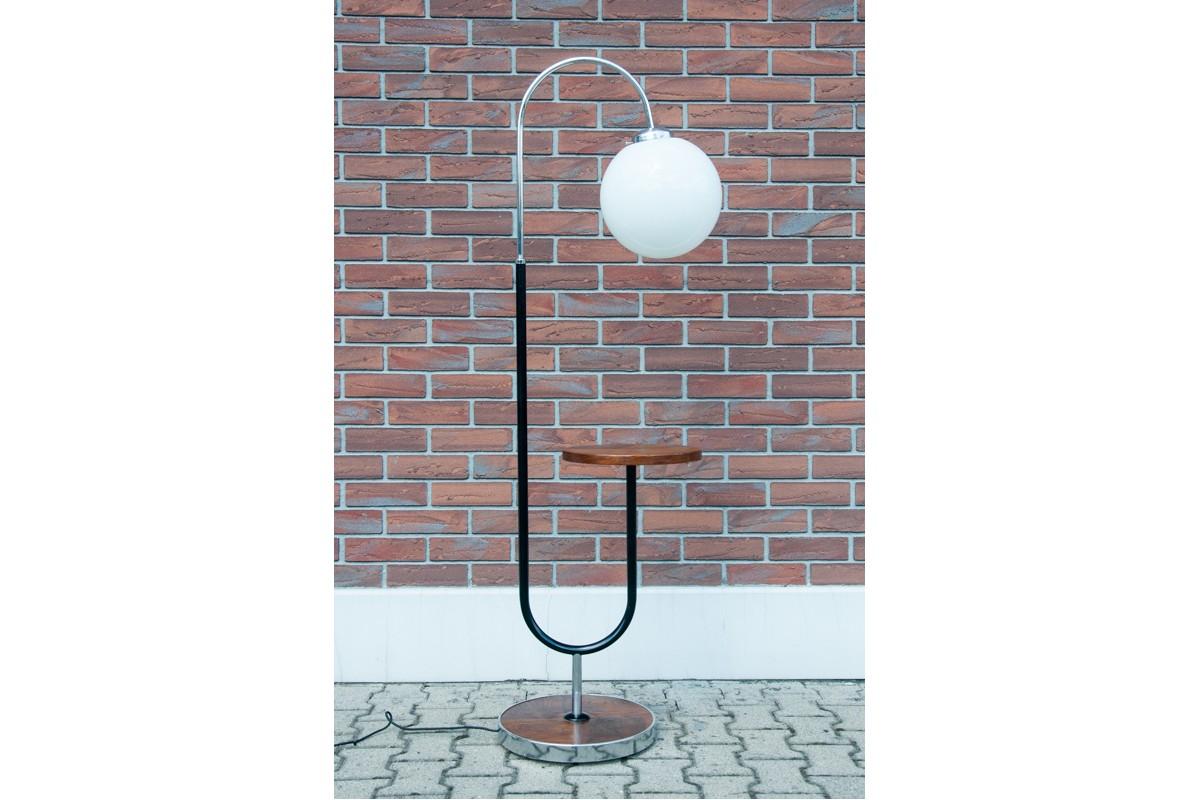 Floor lamp from Czechoslovakia, 1930s
Designed by famour Jindrich Halabala. 
Lamp after renovation, new white shade.
New wires, european plug. 
Excellent condition. 
Dimensions: H 169 cm / W 53 cm / D. 40 cm.

