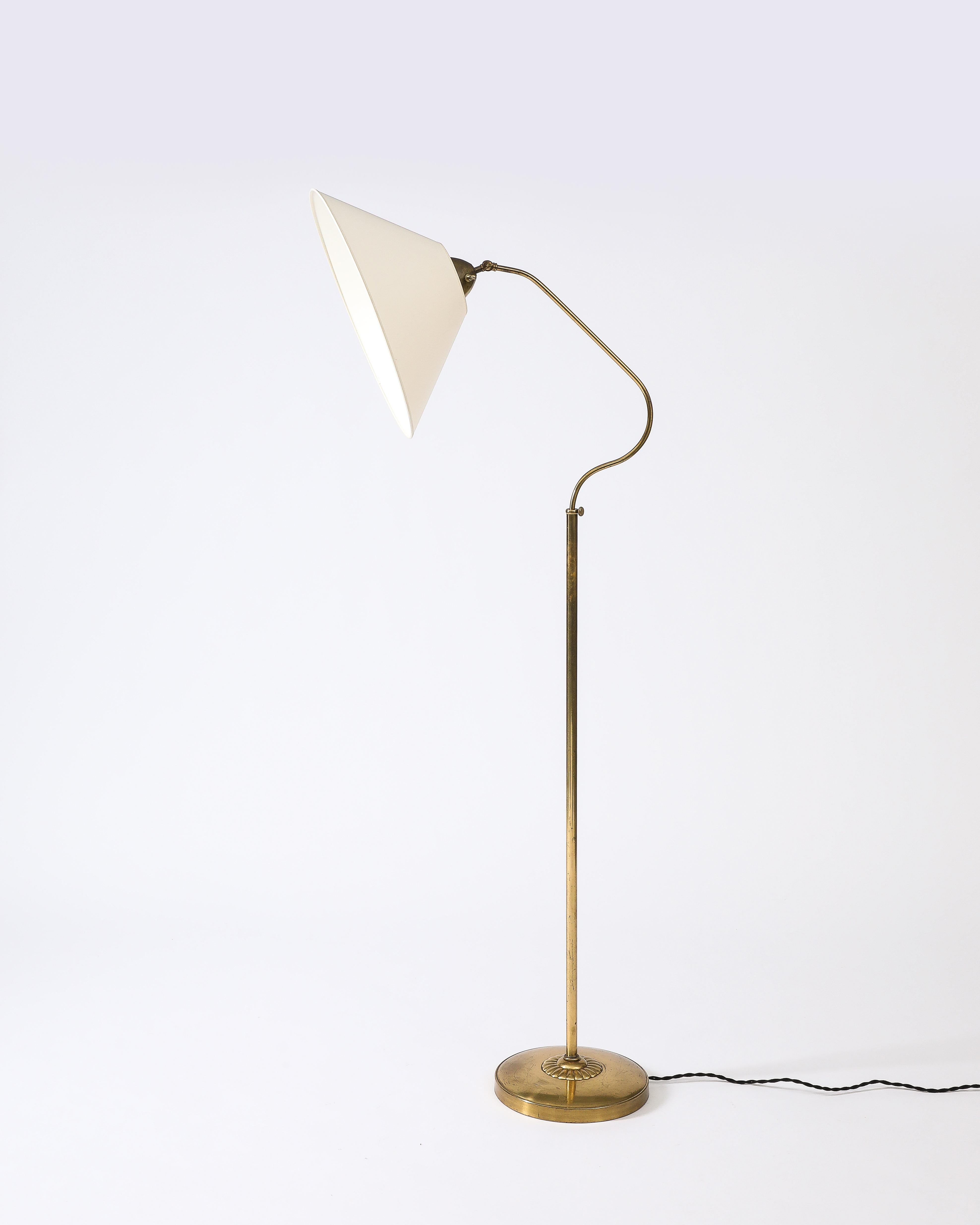 Brass Floor Lamp with Fabric Shades, Attributed to ASEA, Sweden, c. 1950