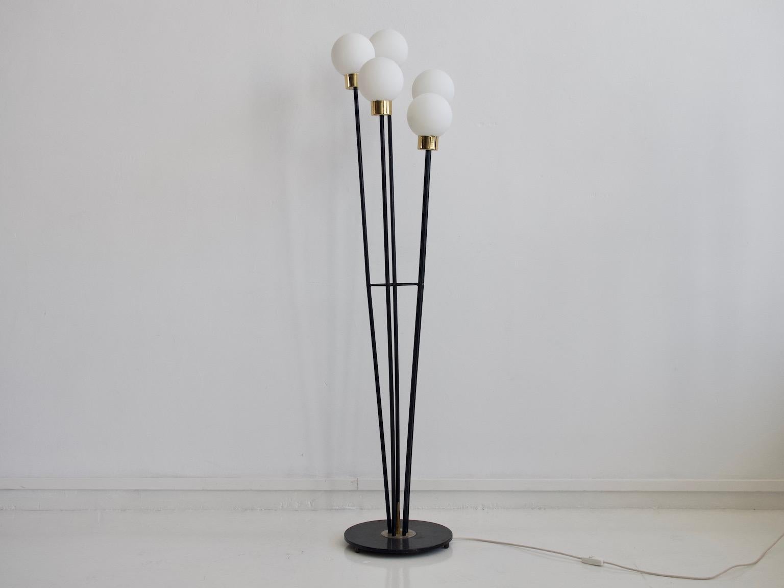 Five-armed metal and glass floor lamp on circular stone base by Arlus, circa 1960. The lamp has been partially restored and has new glass shades. As seen on photos, the light can be regulated by turning on just two, three or five lights at a time.