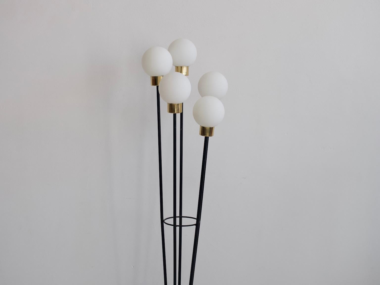 Mid-Century Modern Floor Lamp with Five Opaline Glass Globes by Arlus For Sale