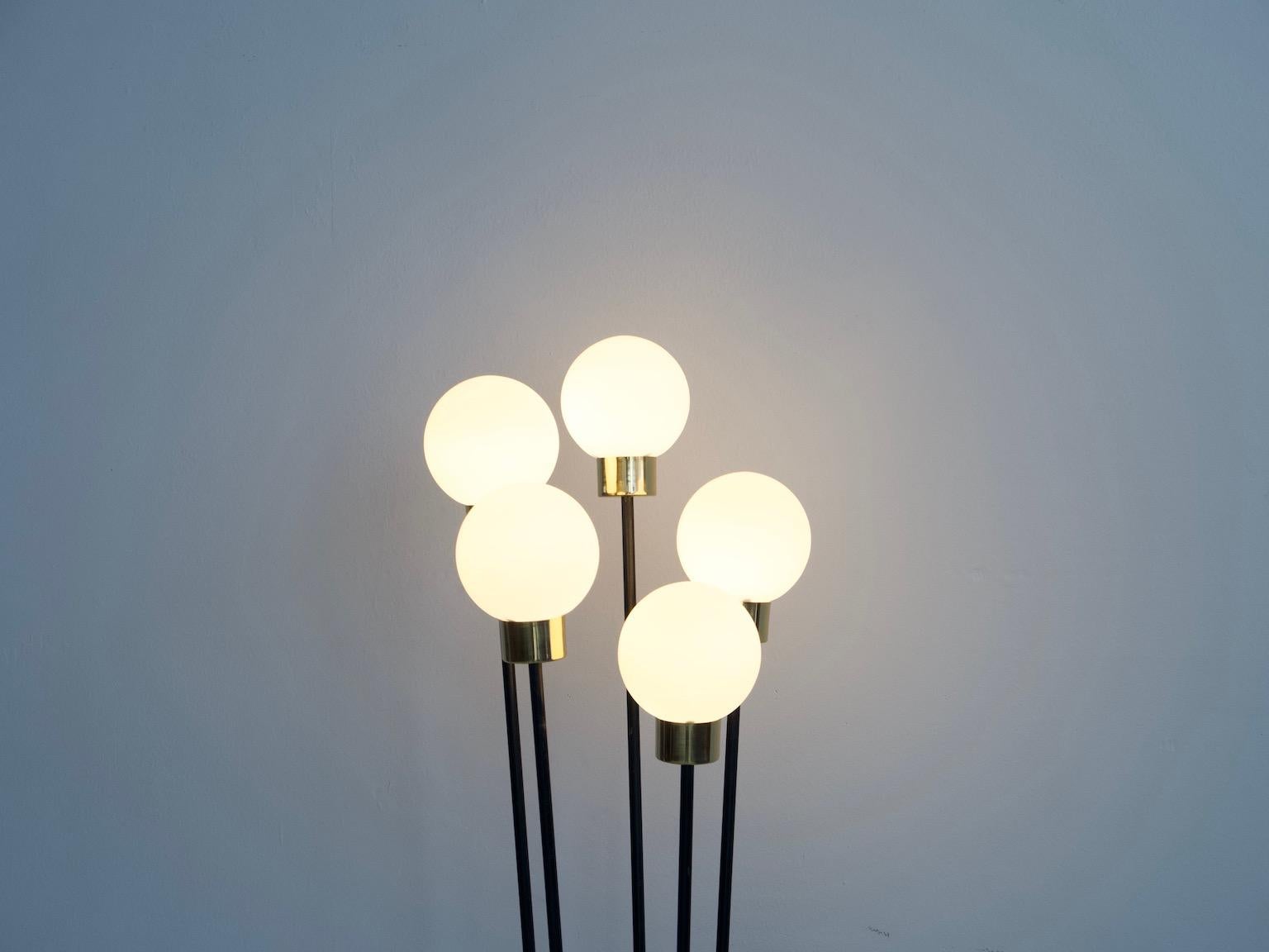 20th Century Floor Lamp with Five Opaline Glass Globes by Arlus For Sale