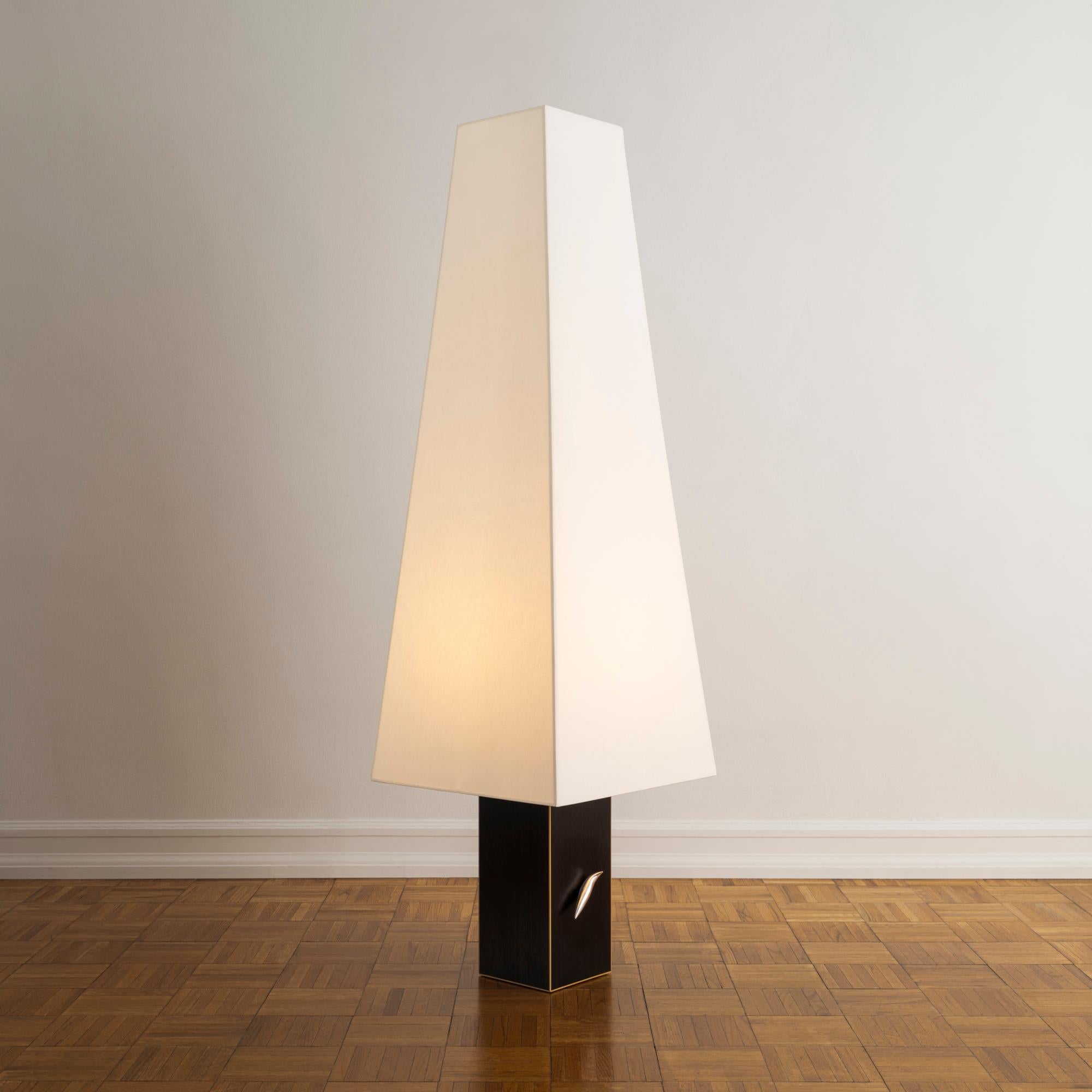 Parquetry Floor Lamp with Ivory Linen Shade atop Black-painted Maple and Boxwood Trim Base For Sale
