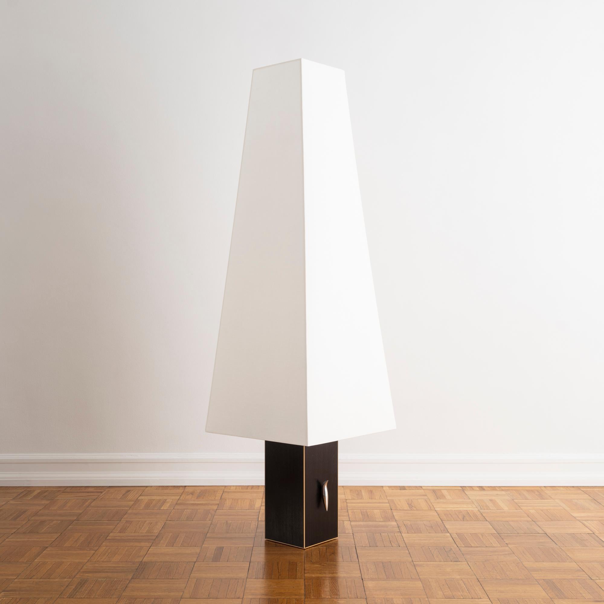 Floor Lamp with Ivory Linen Shade atop Black-painted Maple and Boxwood Trim Base In New Condition For Sale In New York, NY
