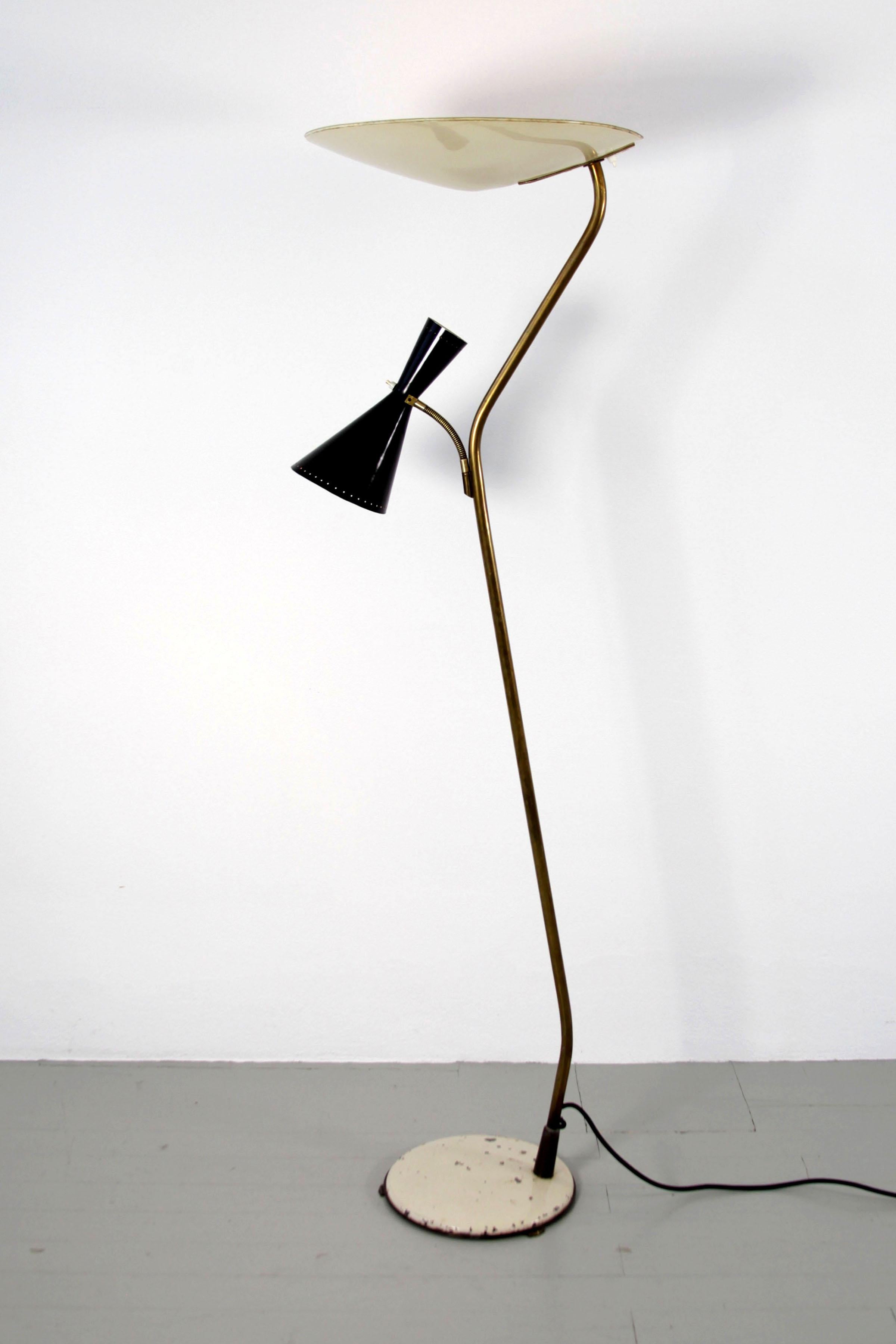 Brass Floor Lamp with Lacquered Metal Shades, by Eberth Zürich, Switzerland, 1950s For Sale
