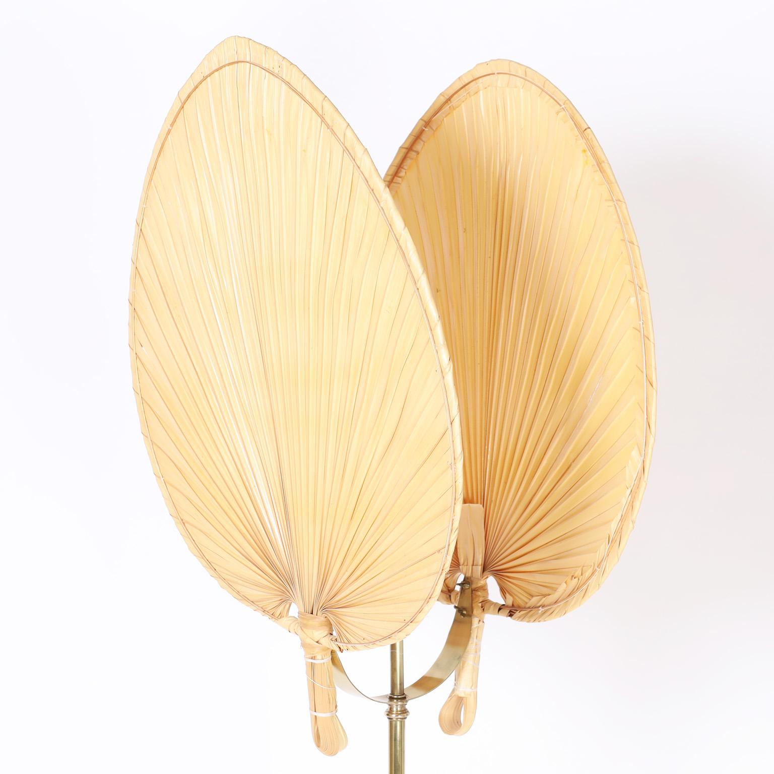Hand-Crafted Floor Lamp with Palm Leaf Shades