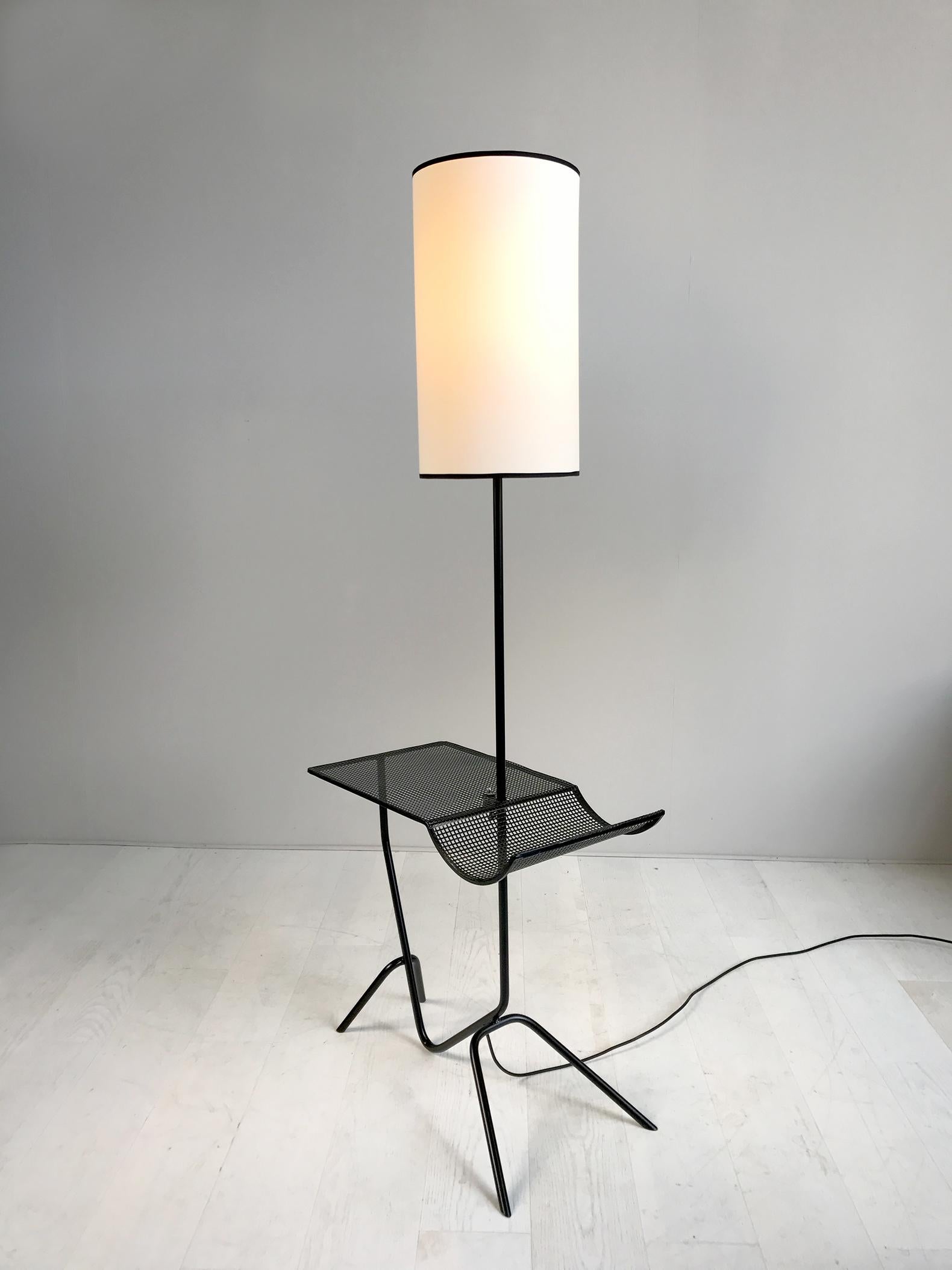 Lacquered Floor Lamp with Perforated Metal Shelf, France 1950