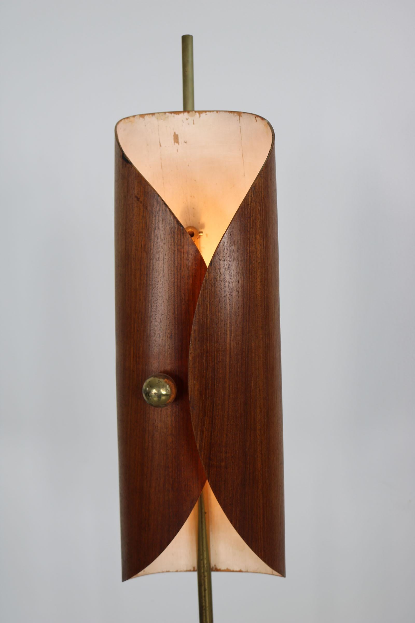 Brass Floor Lamp with plywood shade, Italy, 1960s. For Sale