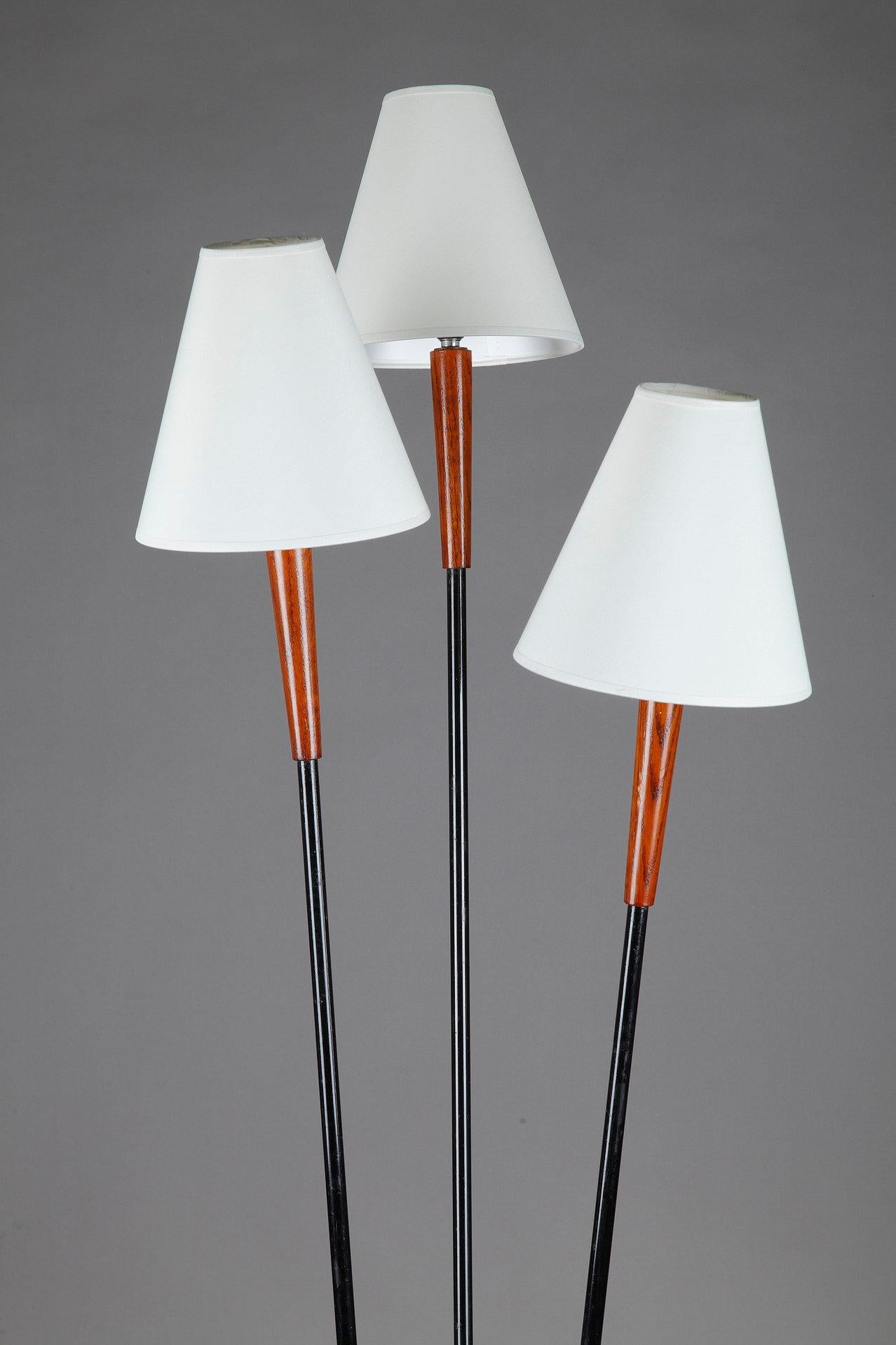 Scandinavian Modern Floor Lamp with Three Arms Joined by a Teak Shelf