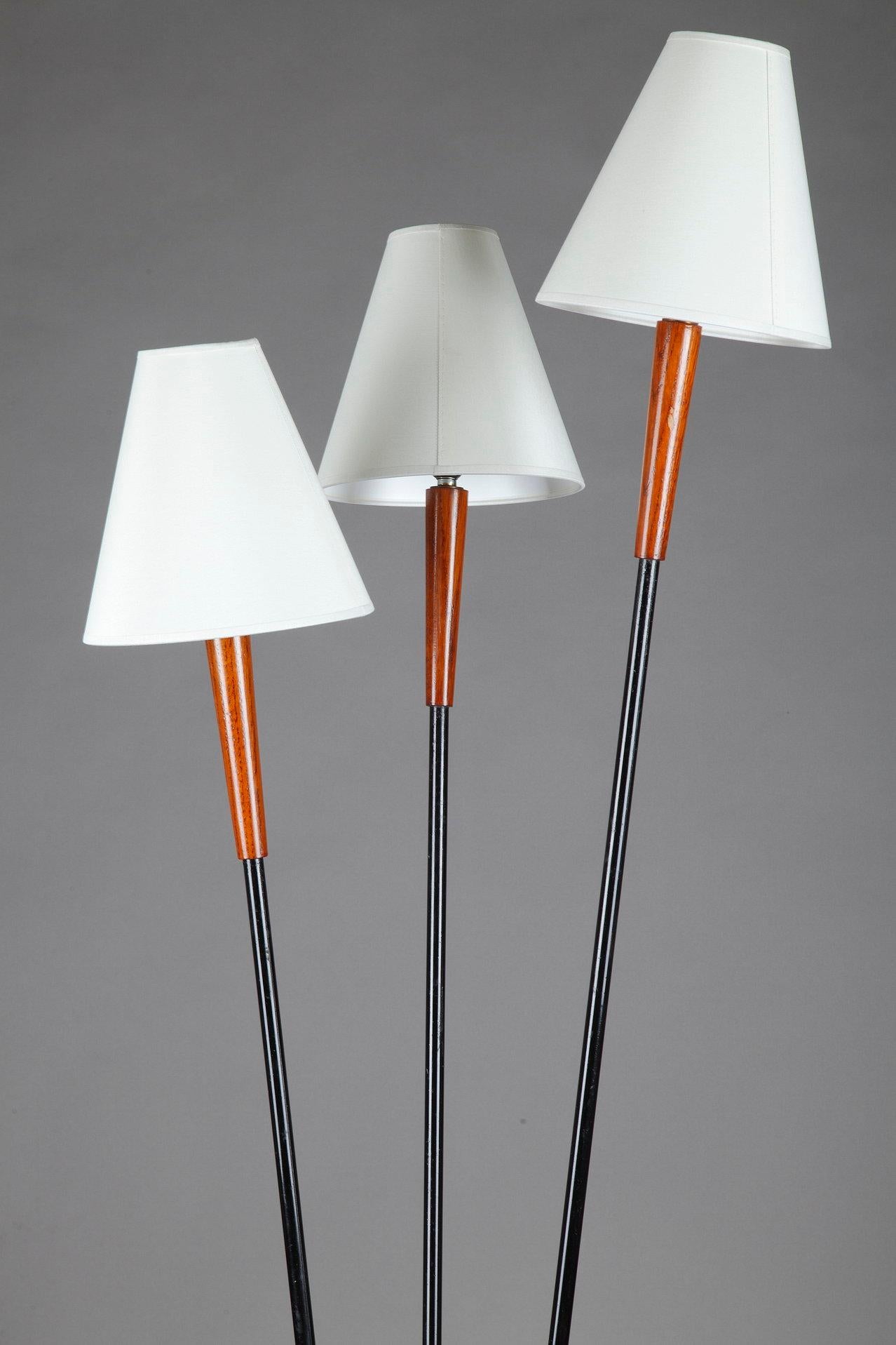 French Floor Lamp with Three Arms Joined by a Teak Shelf