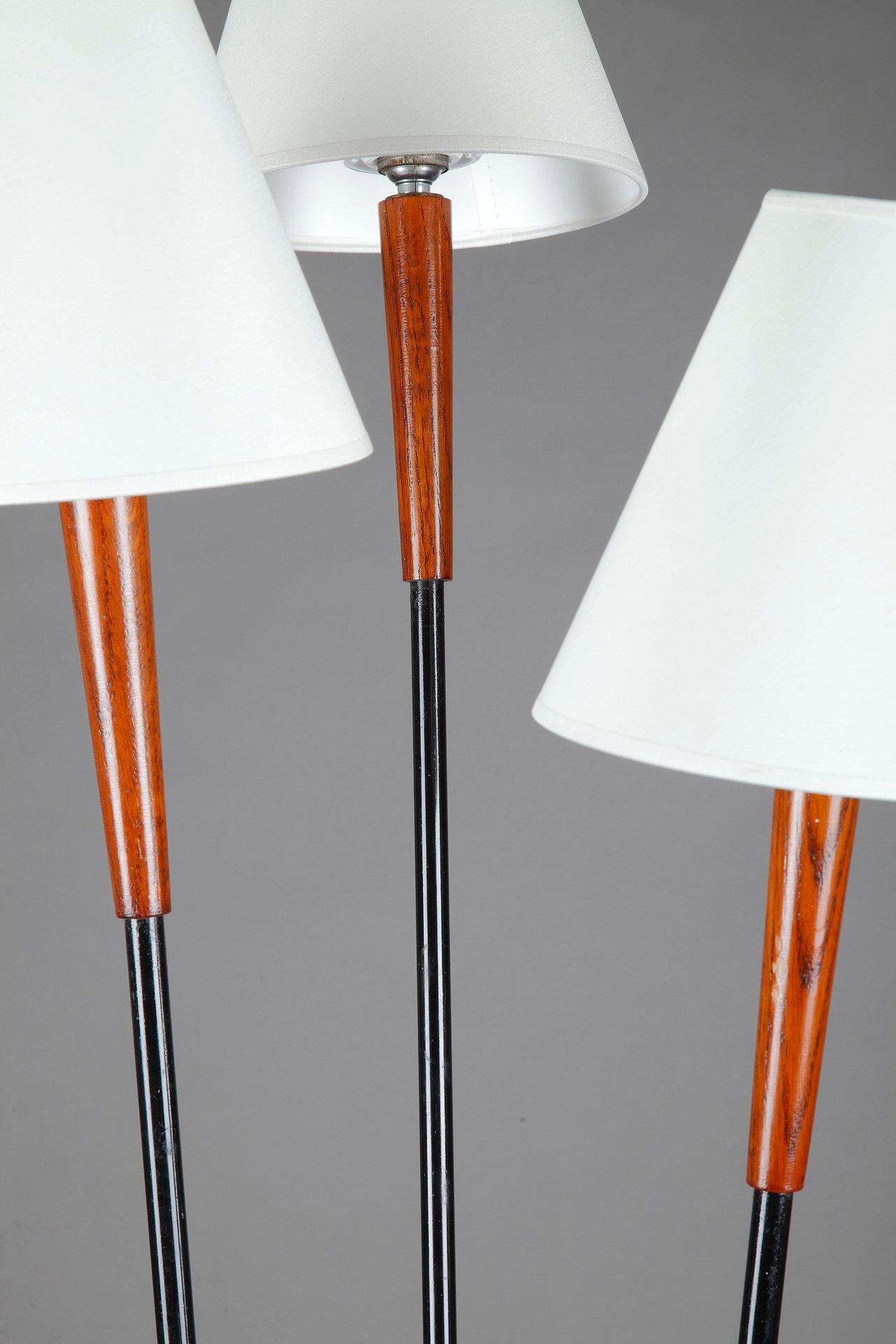Mid-20th Century Floor Lamp with Three Arms Joined by a Teak Shelf