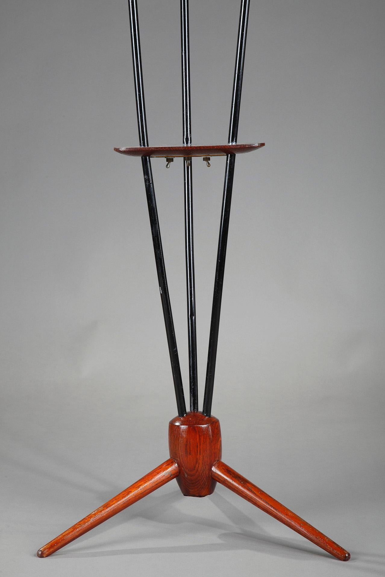 Metal Floor Lamp with Three Arms Joined by a Teak Shelf