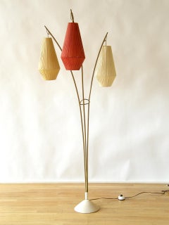 Floor Lamp with Three Curved Arms and Lantern Shaped Woven Ribbon Shades