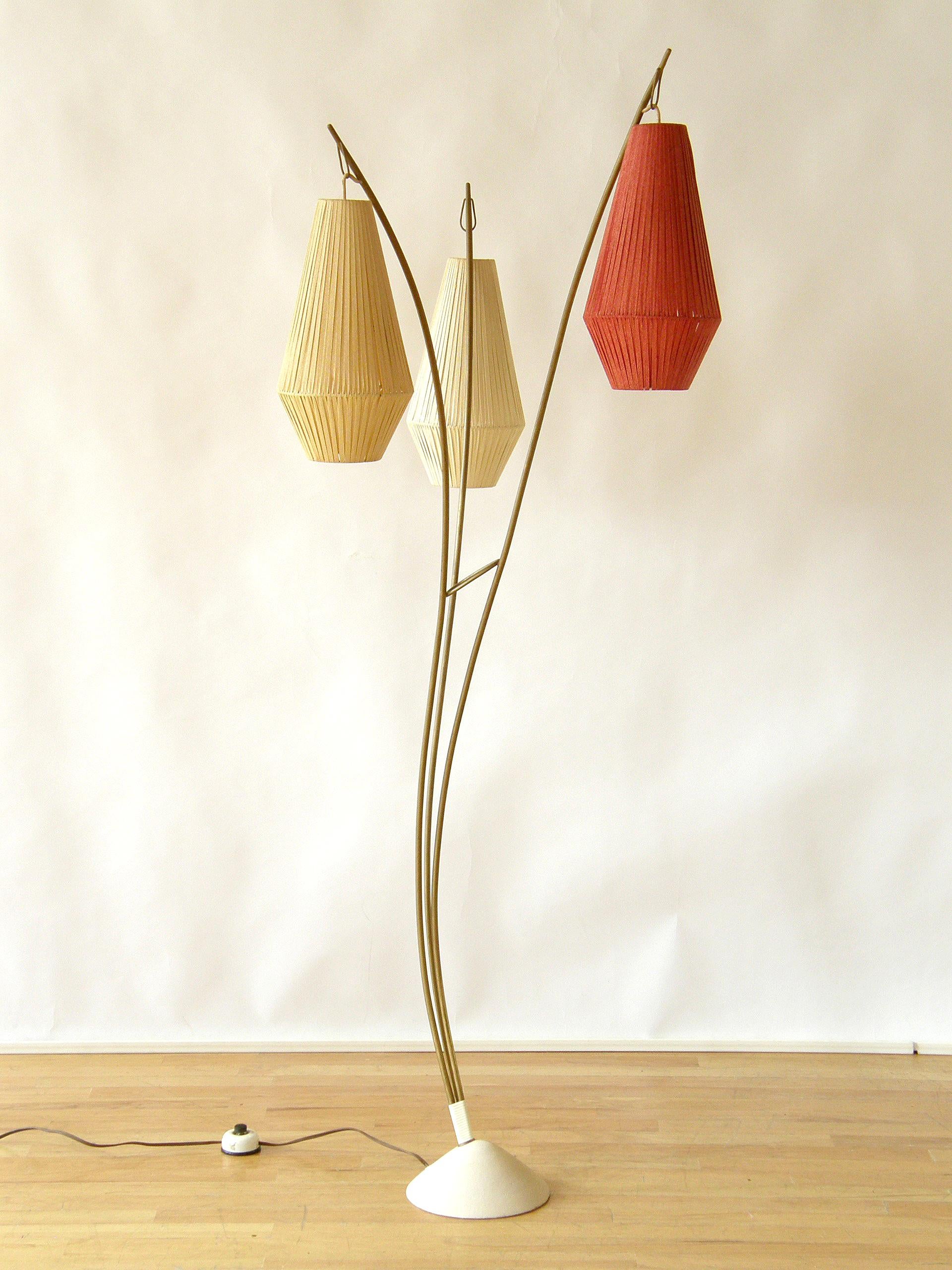 Mid-Century Modern Floor Lamp with Three Curved Arms and Lantern Shaped Woven Ribbon Shades