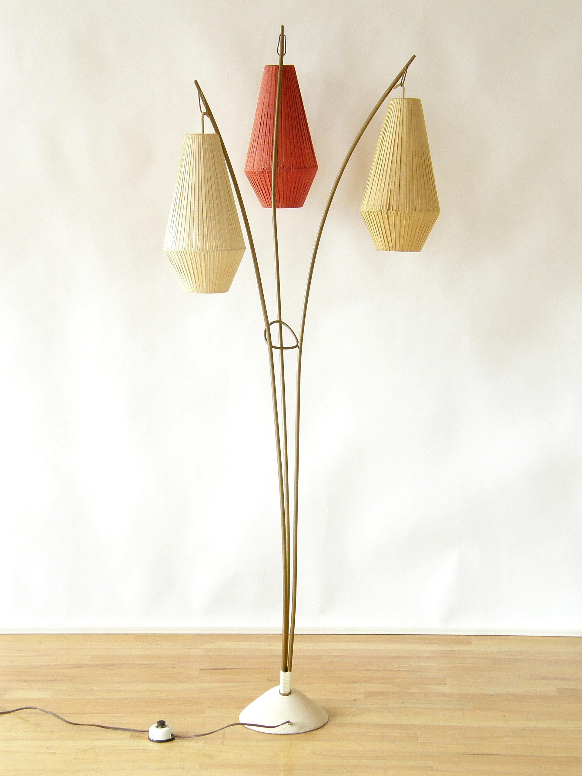 Mid-20th Century Floor Lamp with Three Curved Arms and Lantern Shaped Woven Ribbon Shades