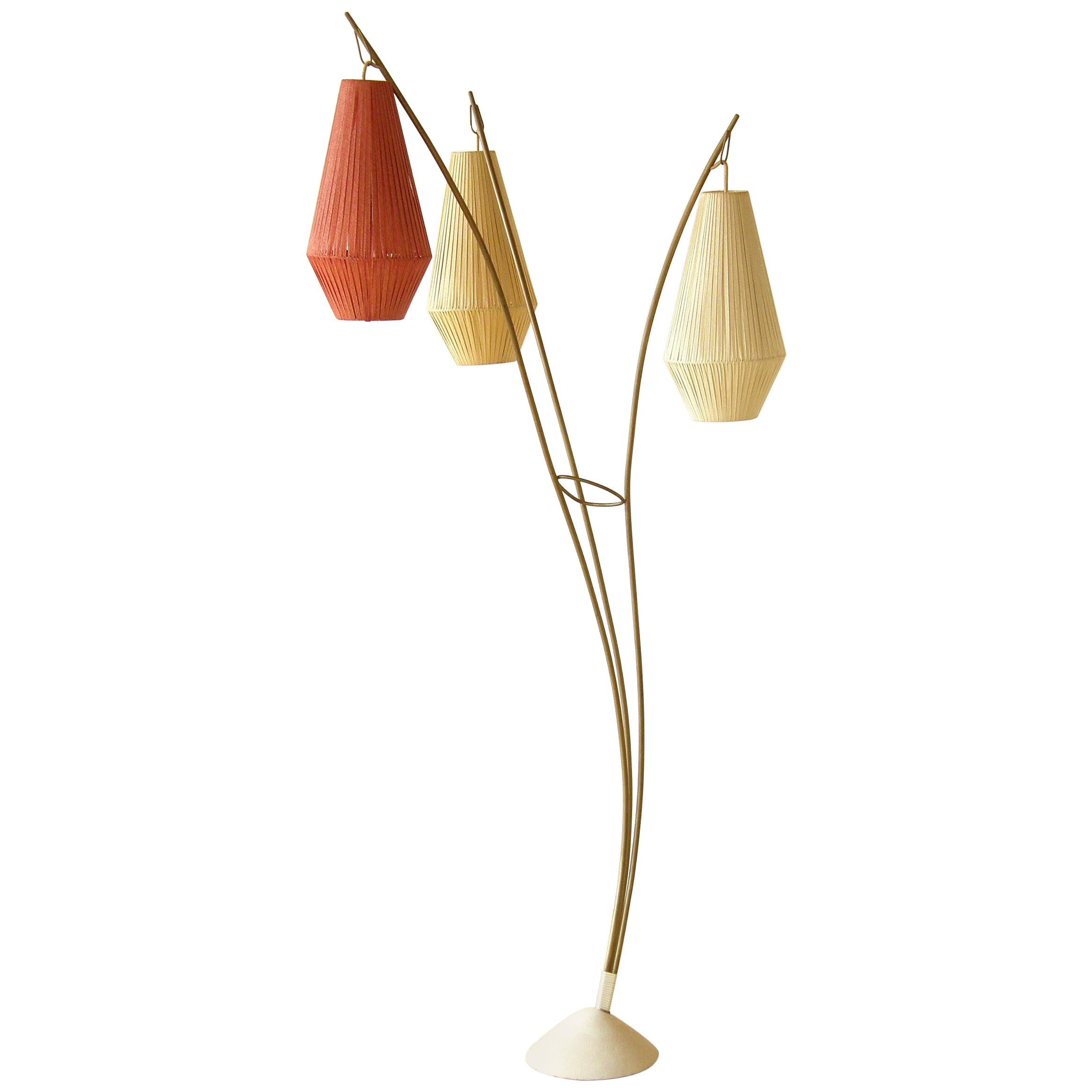 Floor Lamp with Three Curved Arms and Lantern Shaped Woven Ribbon Shades