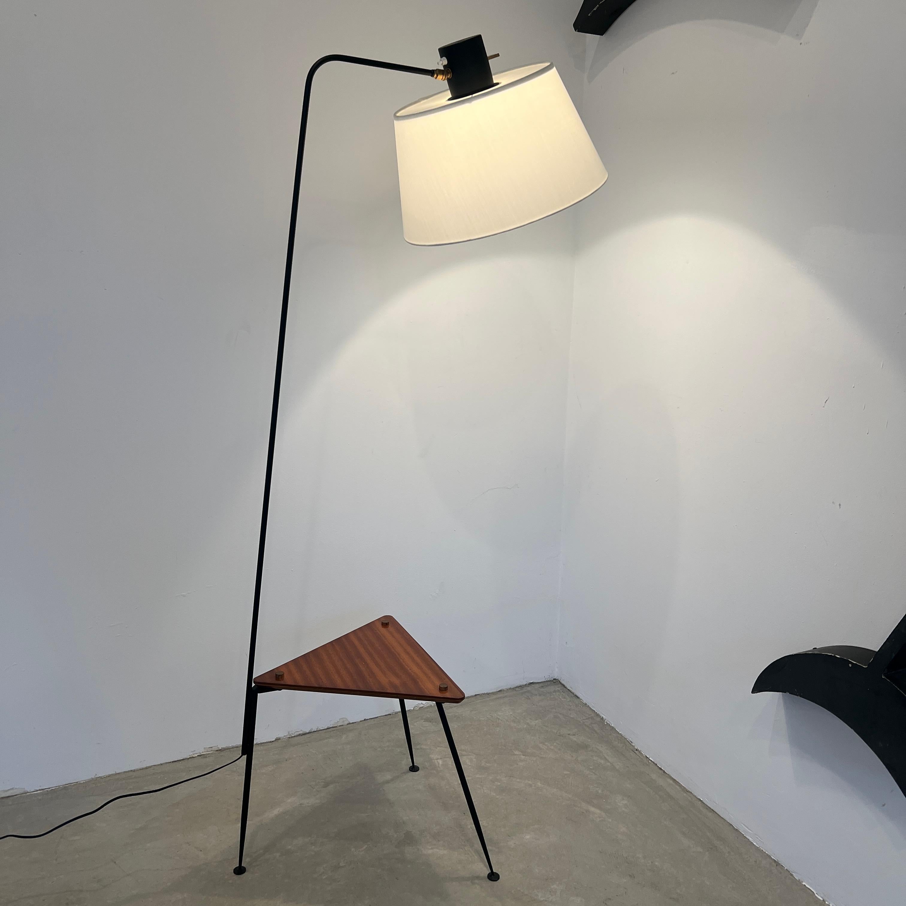 Metal Floor Lamp with Triangular Side Table, 1950s France For Sale