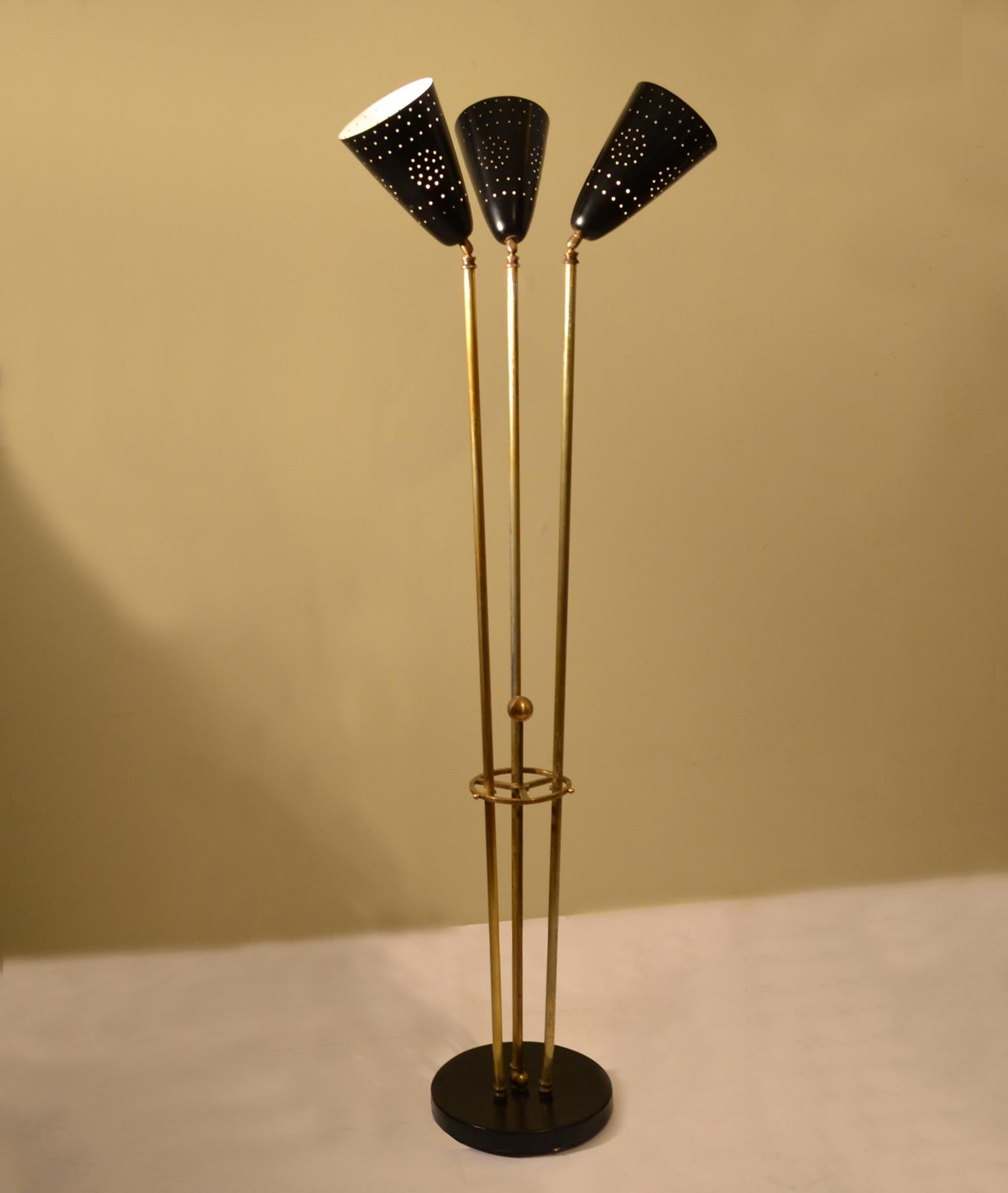 Floor Lamp with Trio of Black Perforated Shades and Brass Italian, 1950's 4