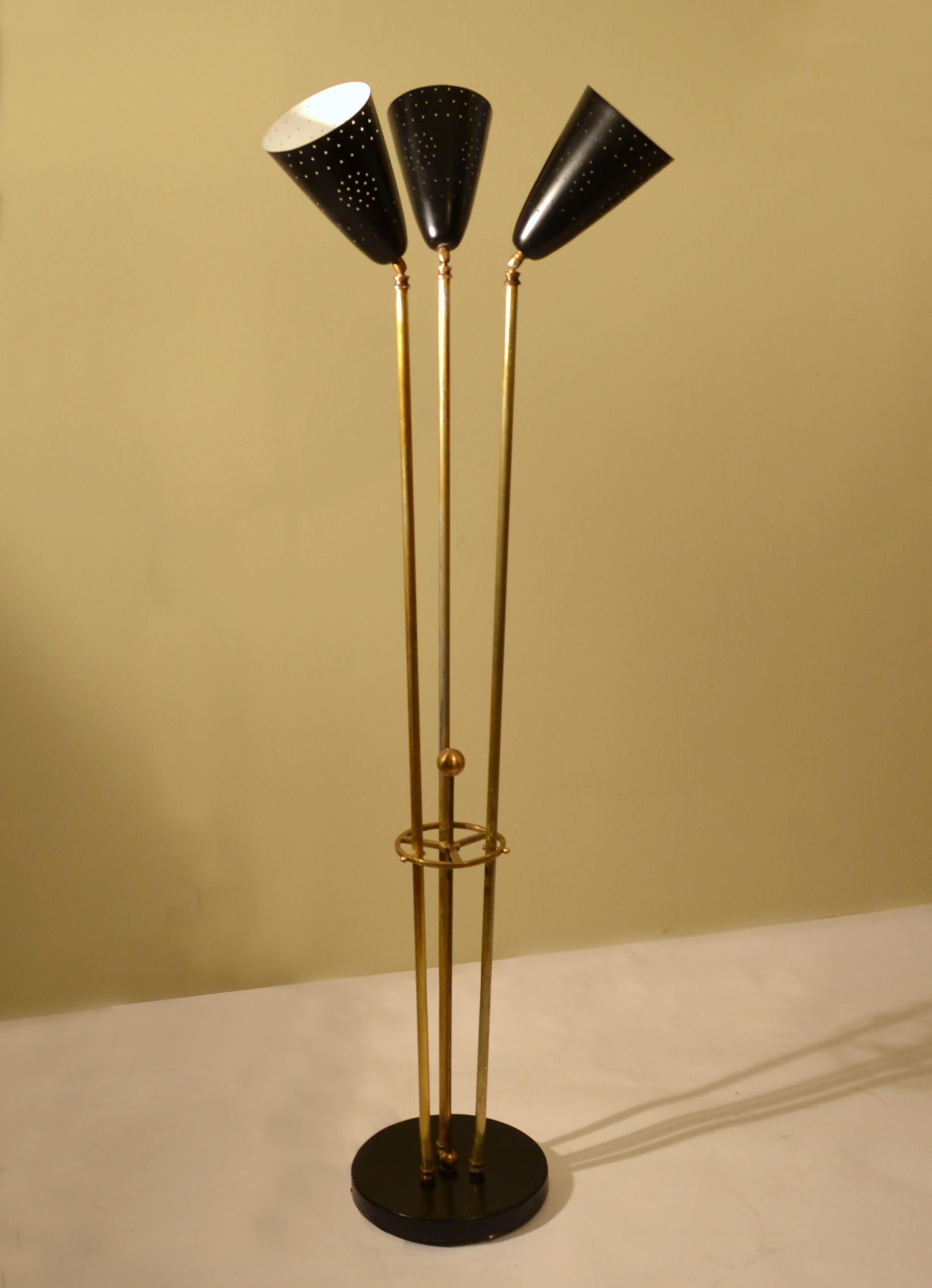 Floor Lamp with Trio of Black Perforated Shades and Brass Italian, 1950's 5