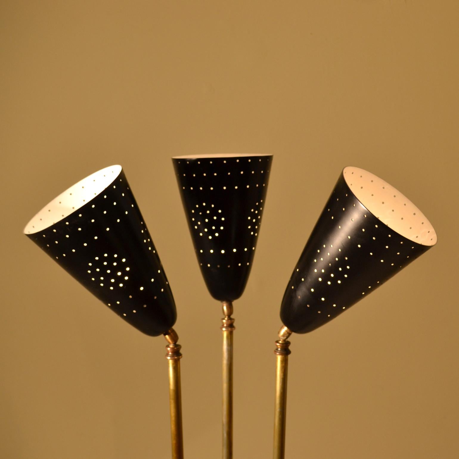 Floor Lamp with Trio of Black Perforated Shades and Brass Italian, 1950's In Excellent Condition In London, GB