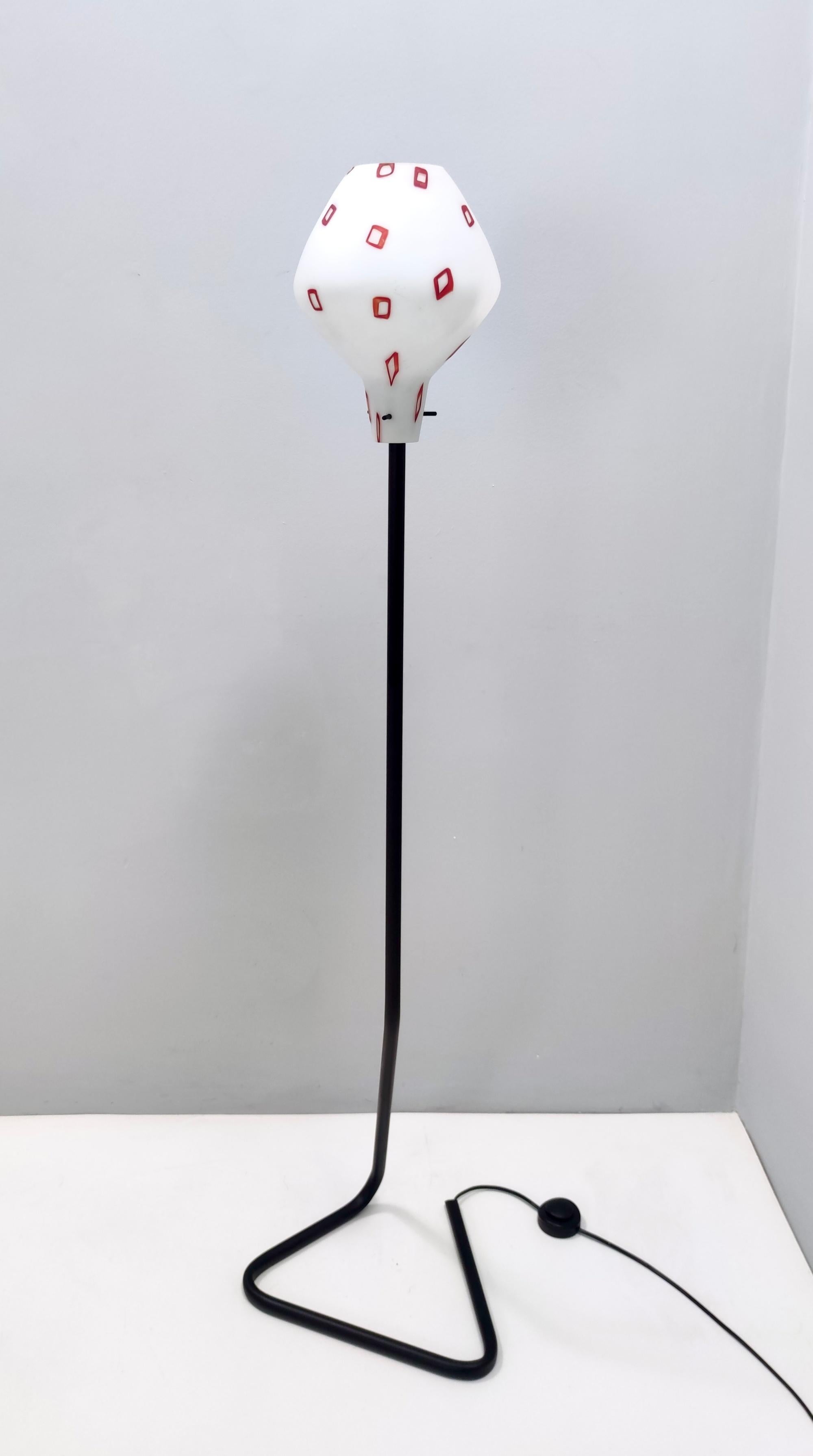 Varnished Floor Lamp with Vintage Encased Glass Shade with Red Geometrical Motifs, Italy For Sale