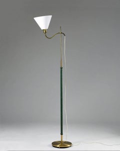 Swedish Floor Lamp – 1950s Brass Frame with Sculptural Arm and Conical Shade