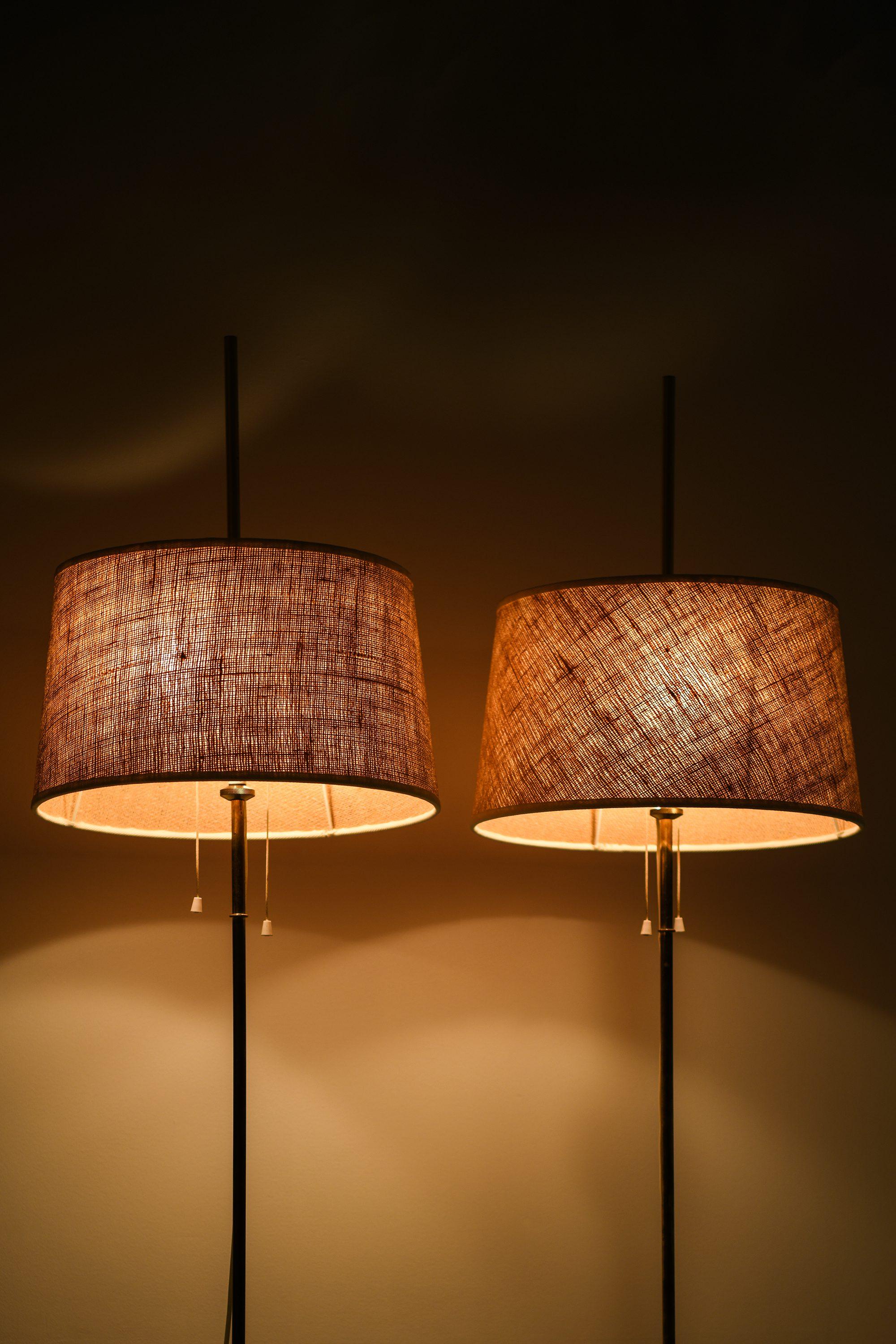 Floor Lamps in Brass and Original Lamp Shades by Hans-Agne Jakobsson, 1950's In Good Condition For Sale In Limhamn, Skåne län