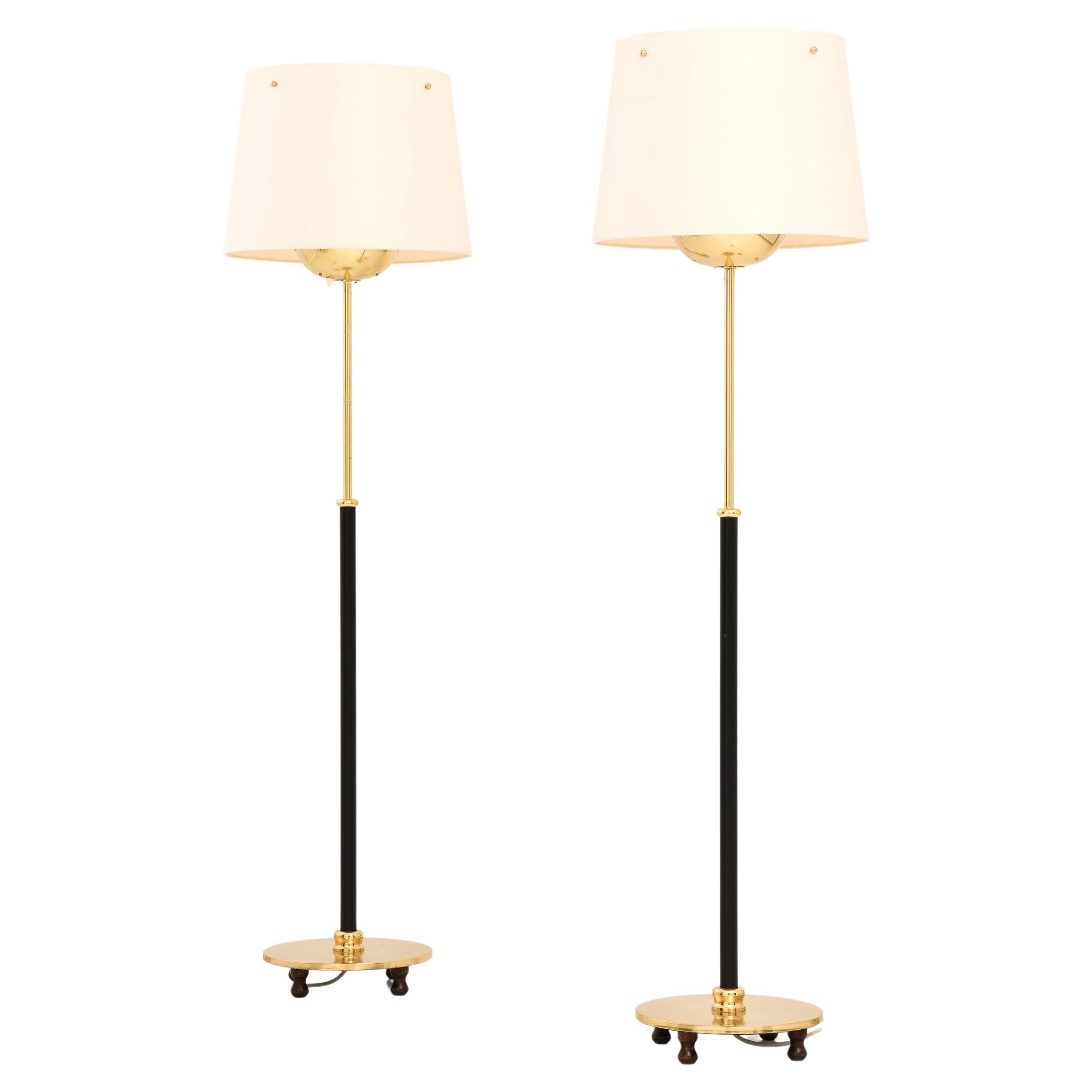 Floor Lamps in Brass, Black Metal & Original Lamp Shades by Josef Frank, 1960's For Sale