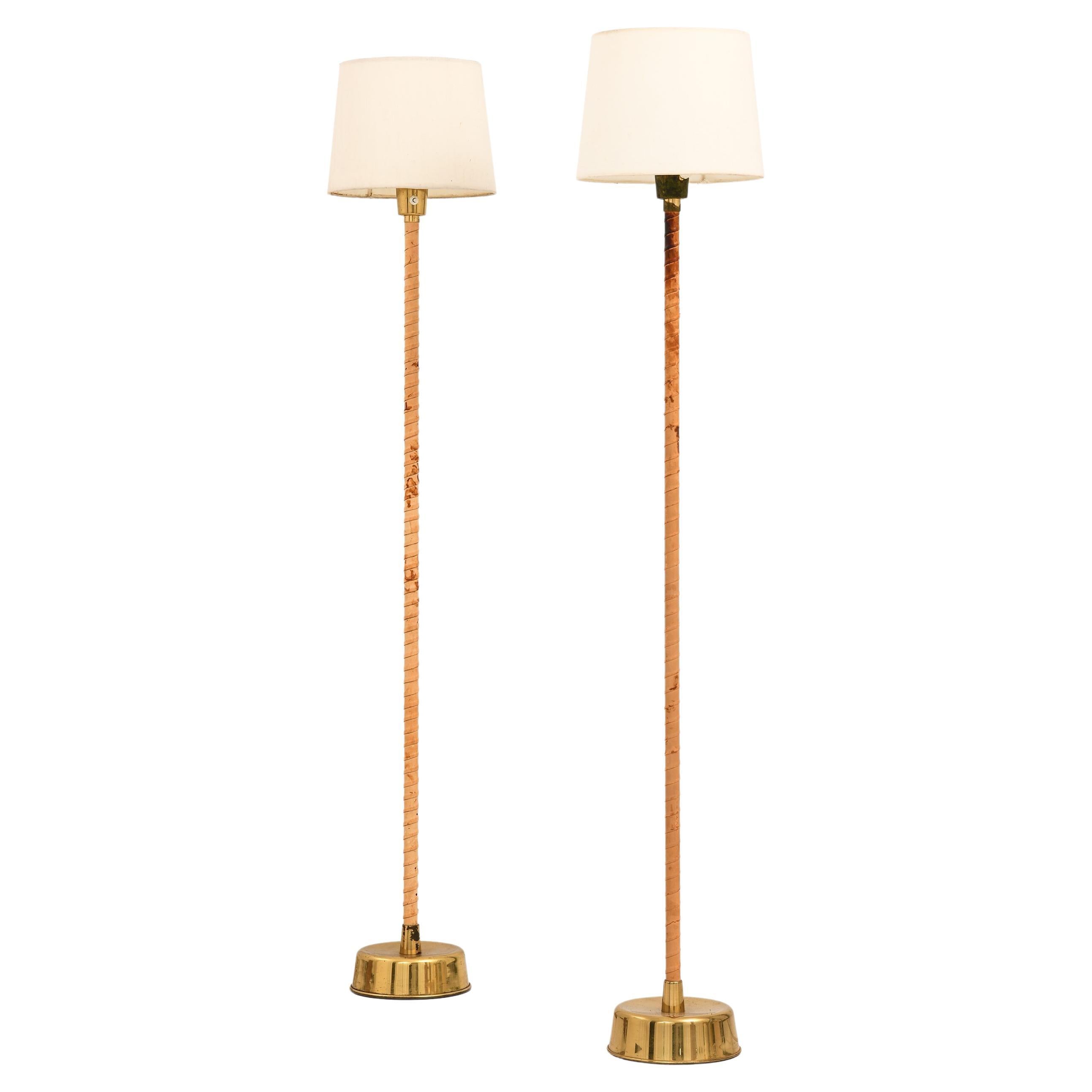 Floor Lamps in Leather, Brass and Lamp Shades by Lisa Johansson-Pape, 1950's For Sale