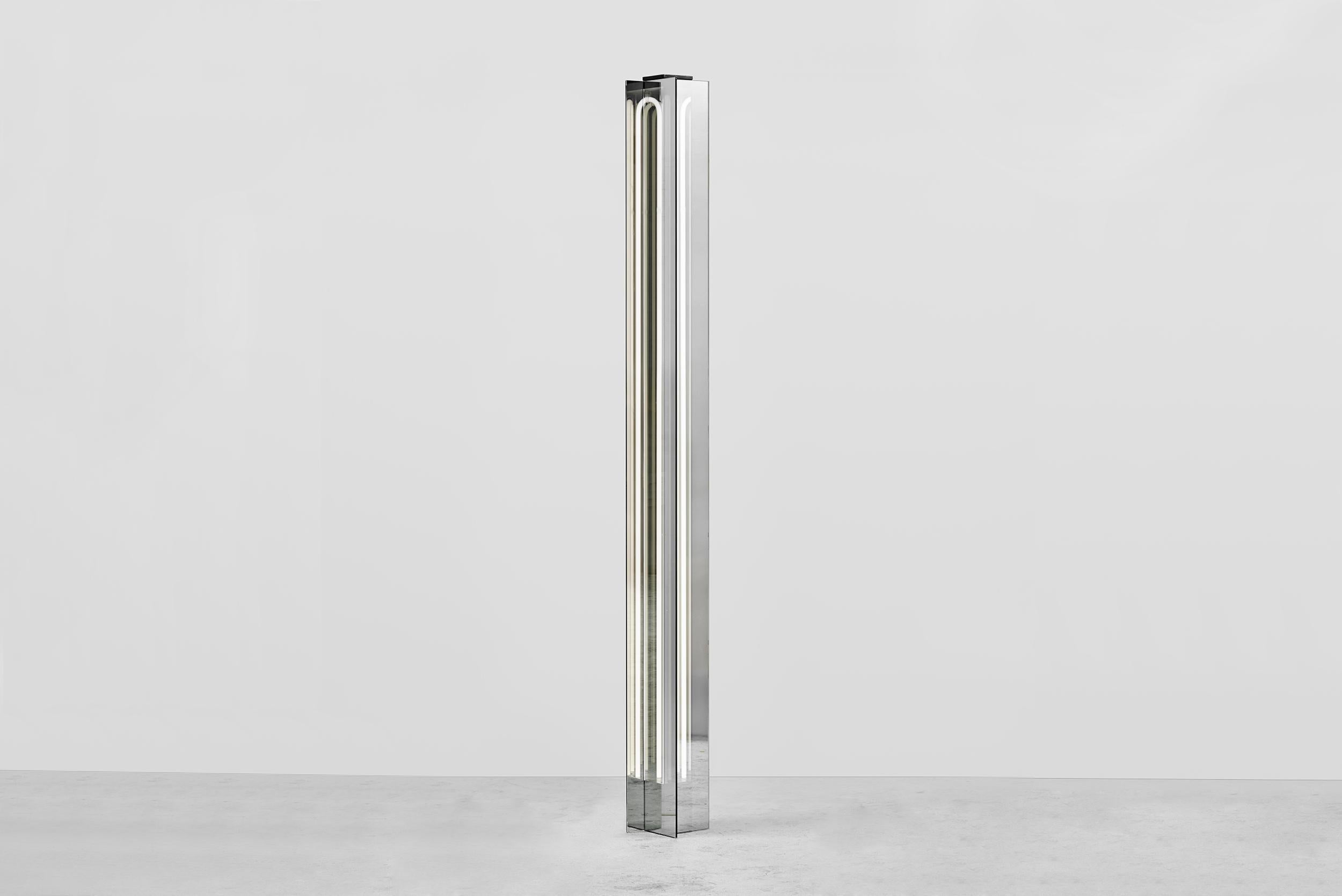 Sabine Marcelis Floor Lamp “Pillar” (Small) 
From the series “No Fear of Glass”
Manufactured by Sabine Marcelis
Produced in exclusive for Side Gallery
Rotterdam, The Netherlands 2019
Two way mirror, Glass neon lights, Neon