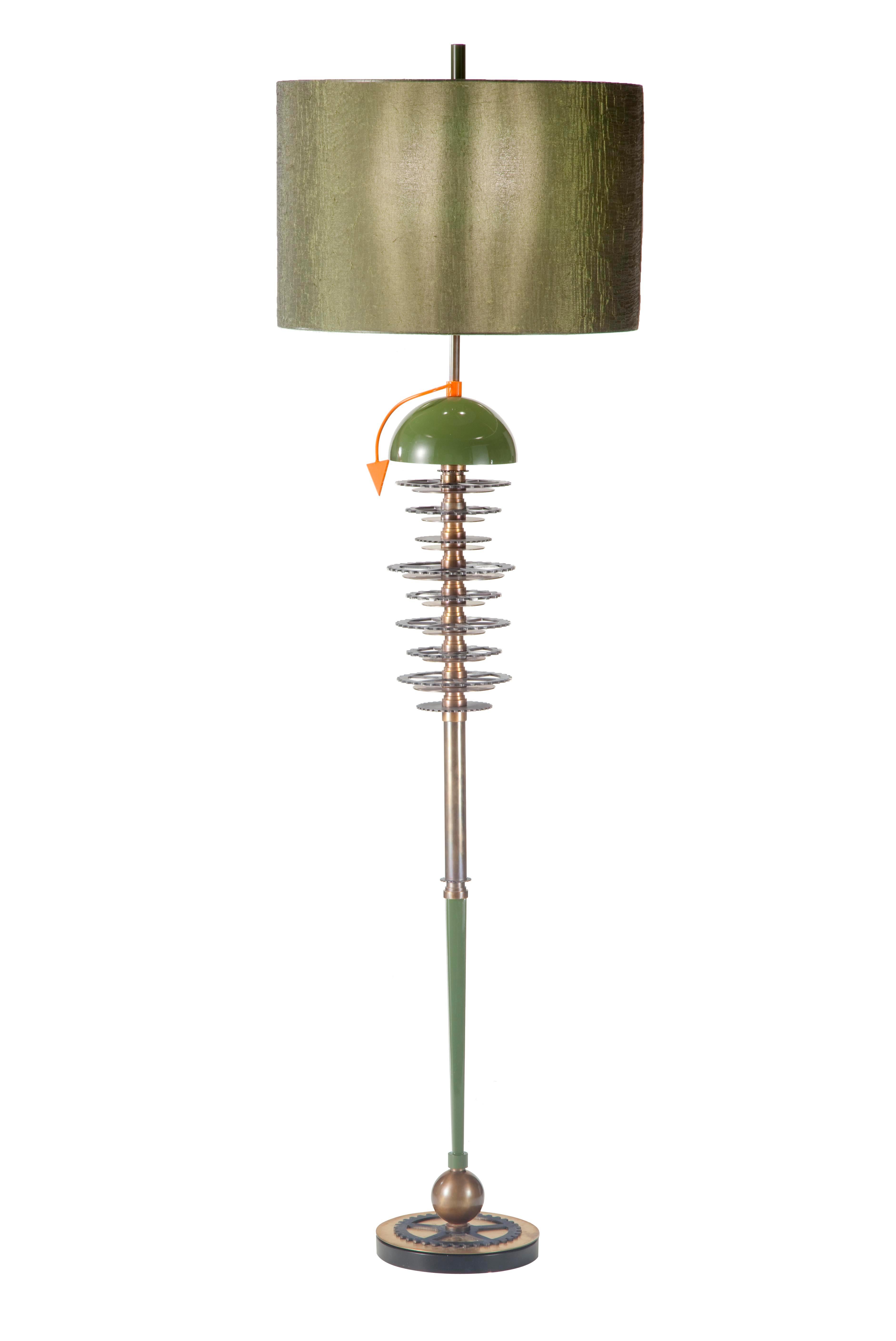 Hand-Crafted Floor Lamps Standing Lamps Brass Iron Burnished Green Clock Italy  For Sale