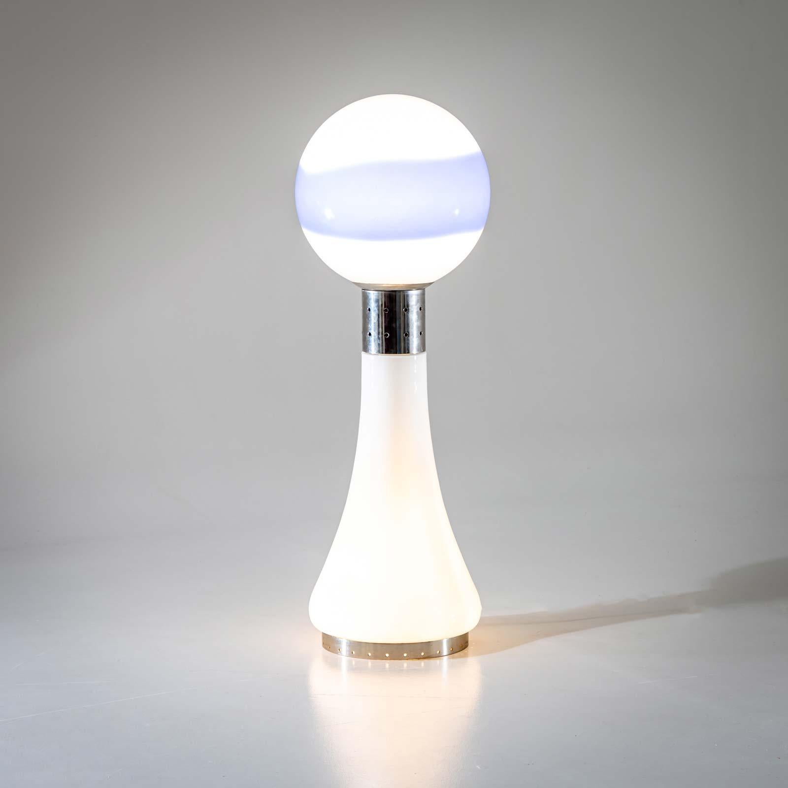 Floor lamp made of frosted glass body with metal mounting and blue striped inclusion. The lamp was designed by Carlo Nason for Mazzega in the 1960s.