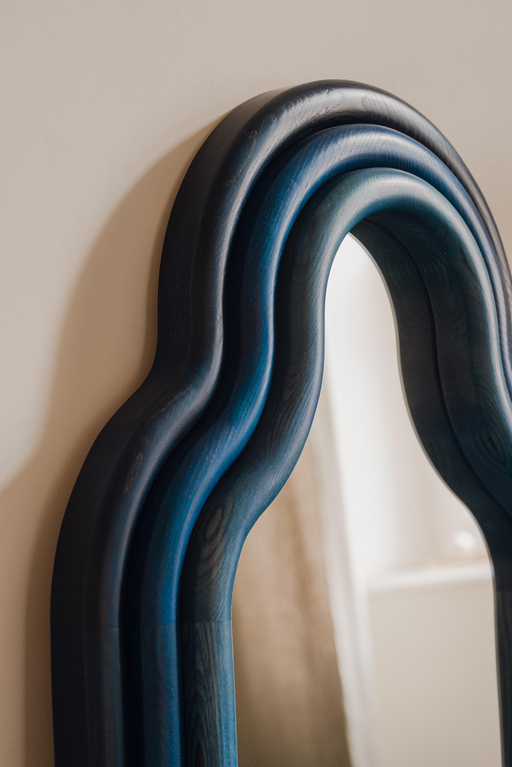 Organic Modern Floor Mirror 'TRN Triple XXL' by Pani Jurek, Ash Wood, Blue For Sale
