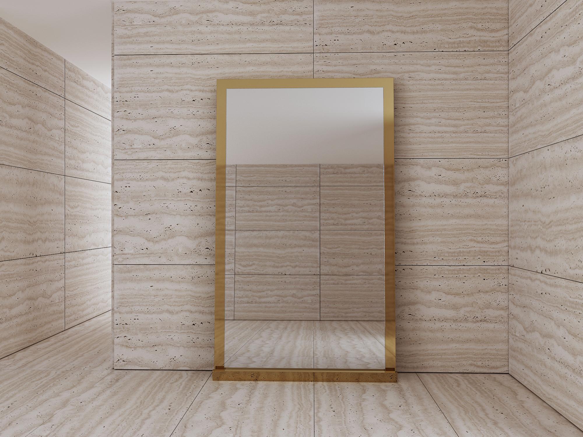 Minimalist Floor Mirror with Hand Polished Stainless Steel Frame and Brass Stand For Sale