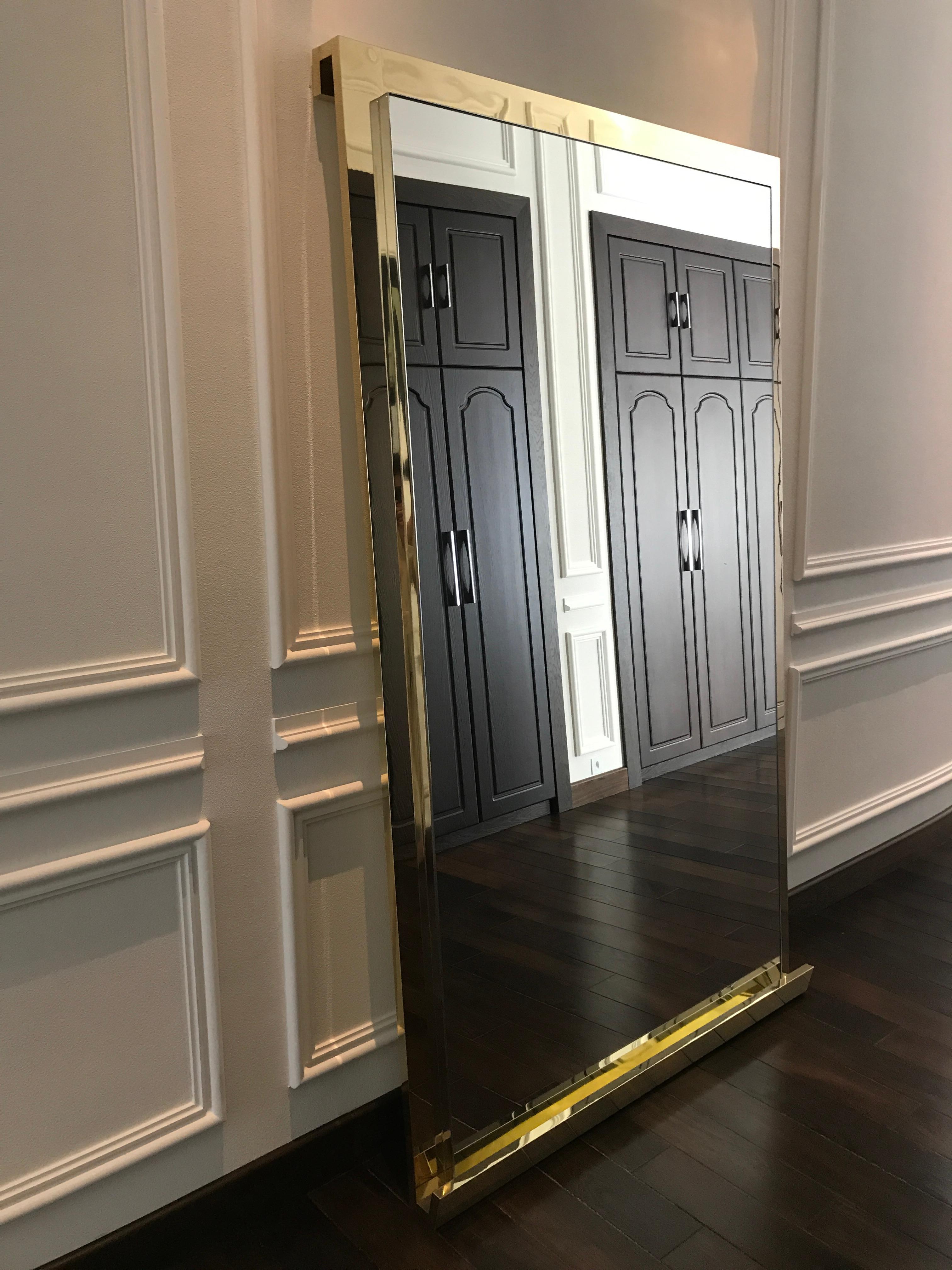 Georgian Floor Mirror with Hand Polished Stainless Steel Frame and Brass Stand For Sale