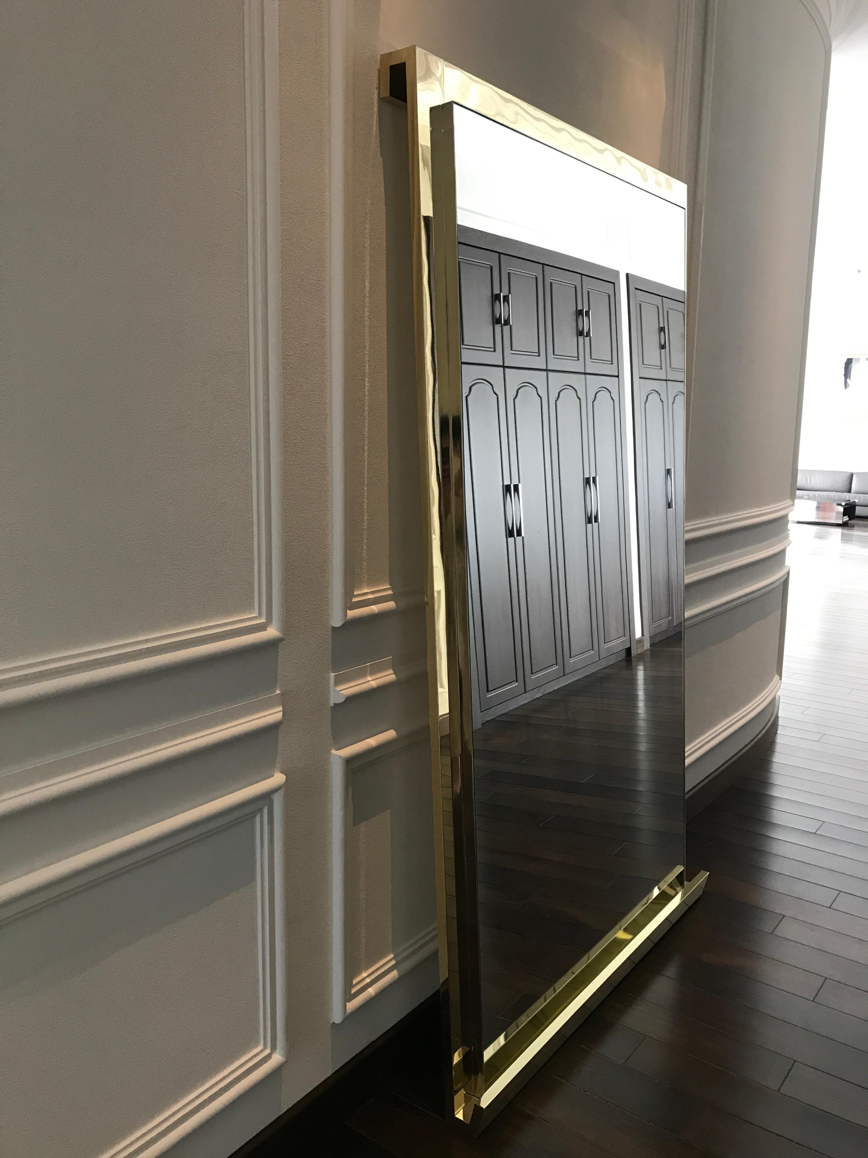 Floor Mirror with Hand Polished Stainless Steel Frame and Brass Stand In New Condition For Sale In Tbilisi, GE